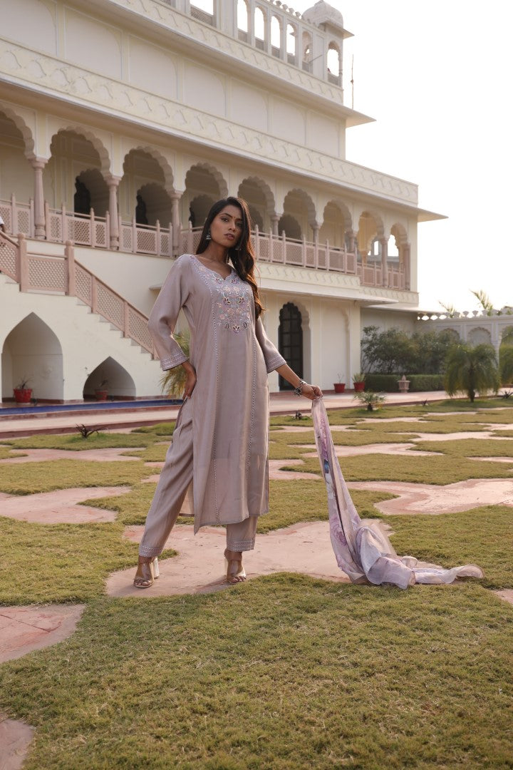 Beige Cotton Silk Designer Suit Set With Intricate Hand Embroidery