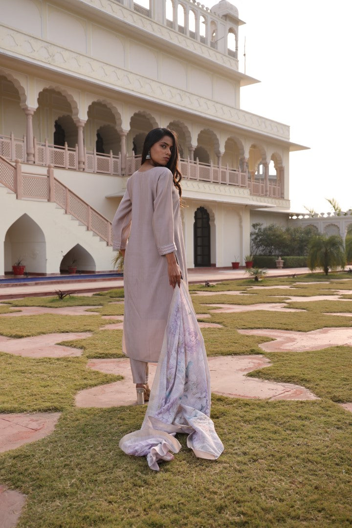 Beige Cotton Silk Designer Suit Set With Intricate Hand Embroidery