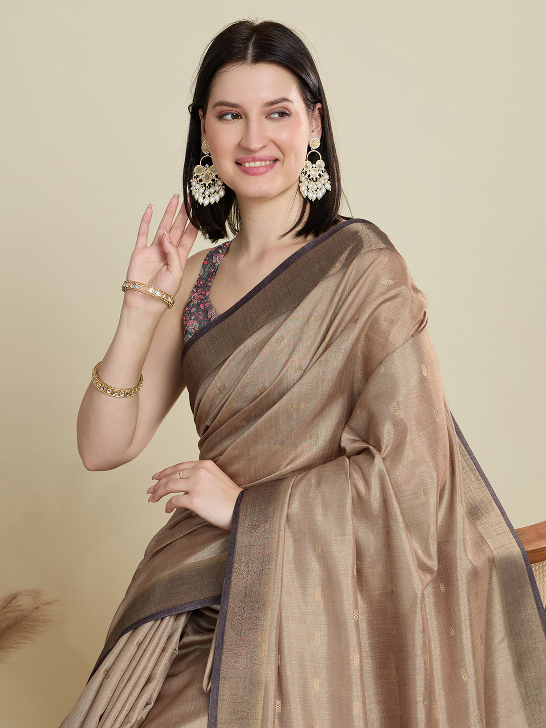 Beige Cotton Woven Border Designer And Printed Ceremonial Saree
