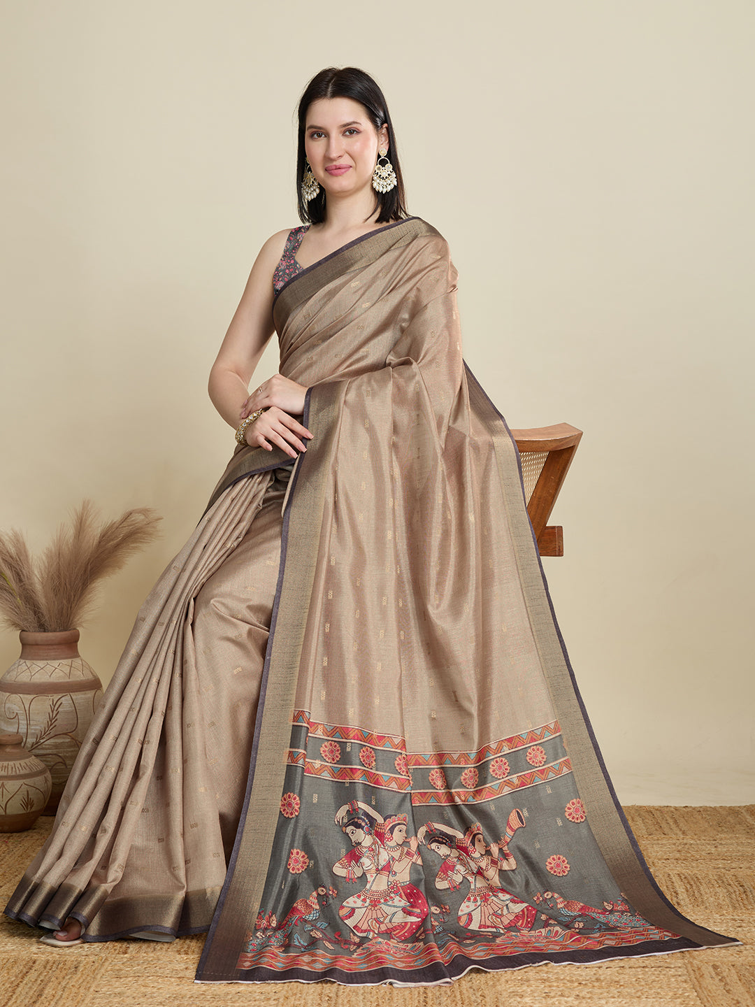 Beige Cotton Woven Border Designer And Printed Ceremonial Saree
