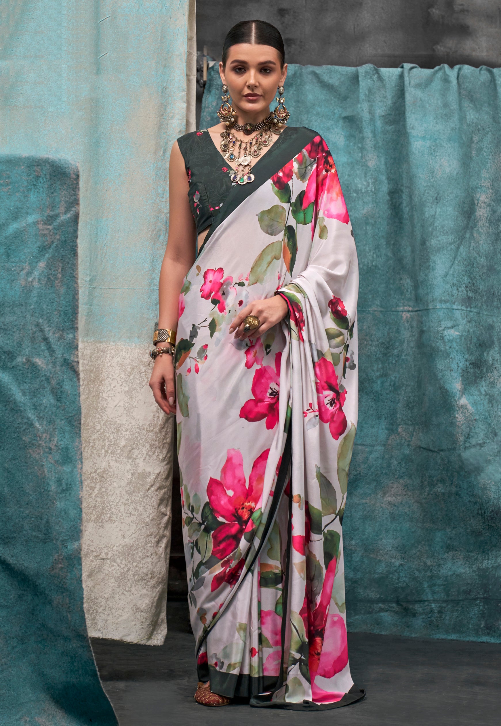 Beige Crape Saree With Digital Print