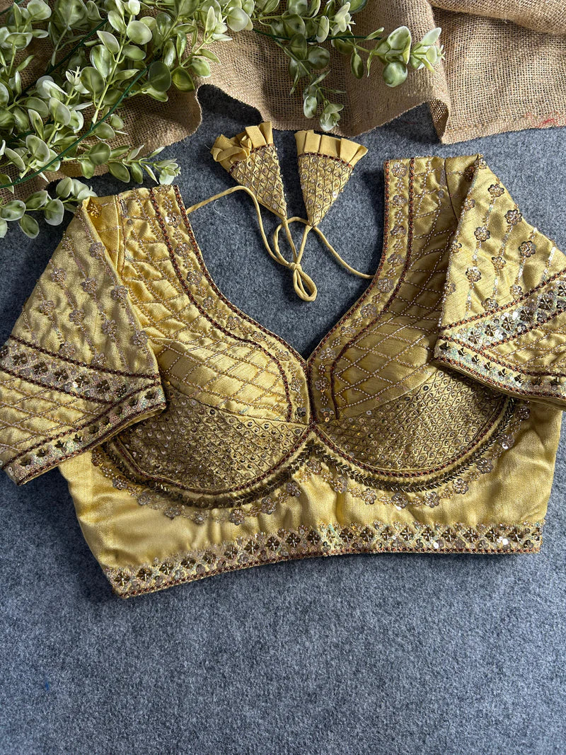 Beige Designer Bridal Blouse with Heavy Stars, Beads & Sequins Work Italian Silk
