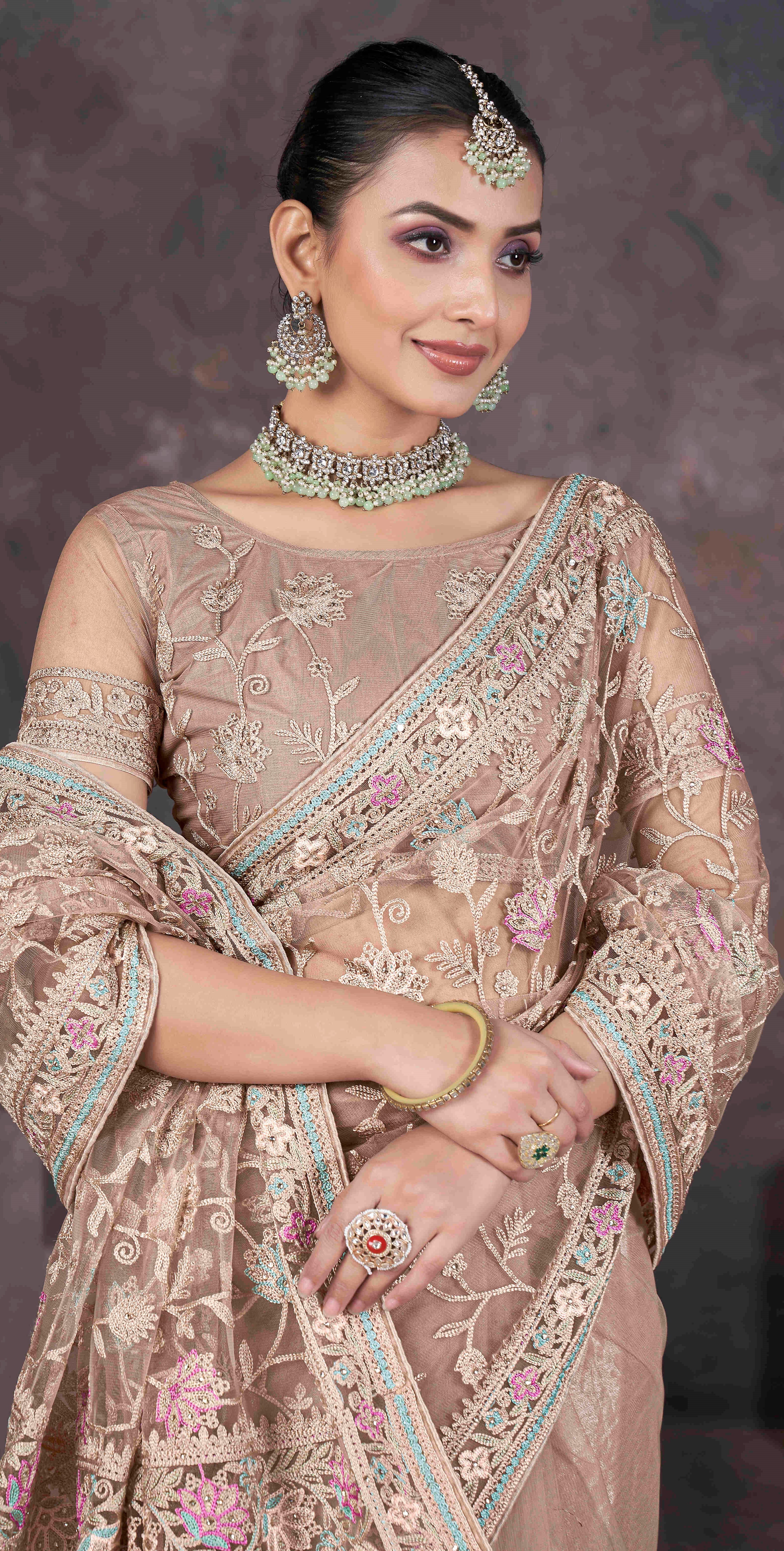 Beige Designer Thread Embroidery Work Butterfly Net Ceremonial Saree