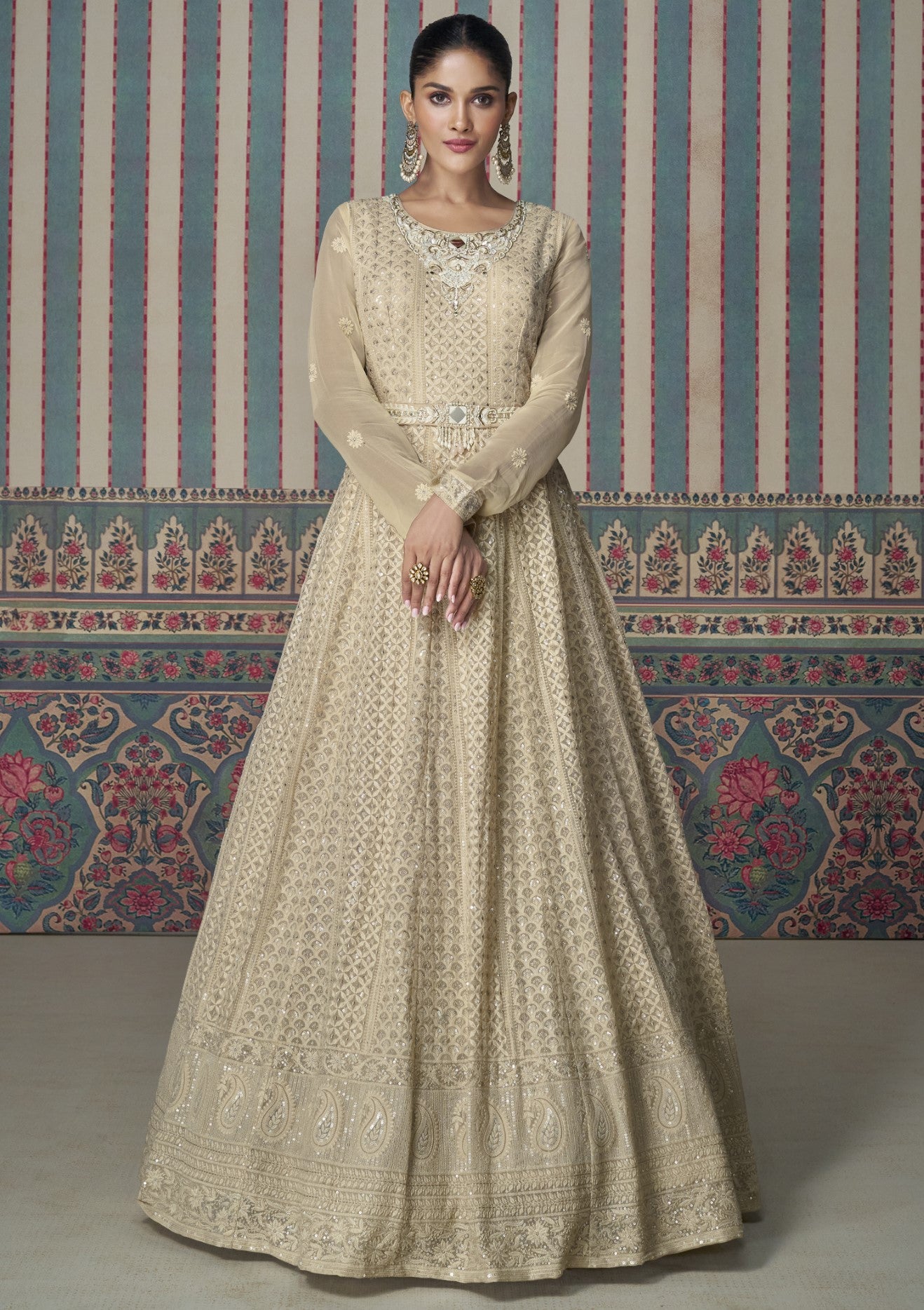 Beige Georgette Anarkali Gown With Sequin Embroidery
