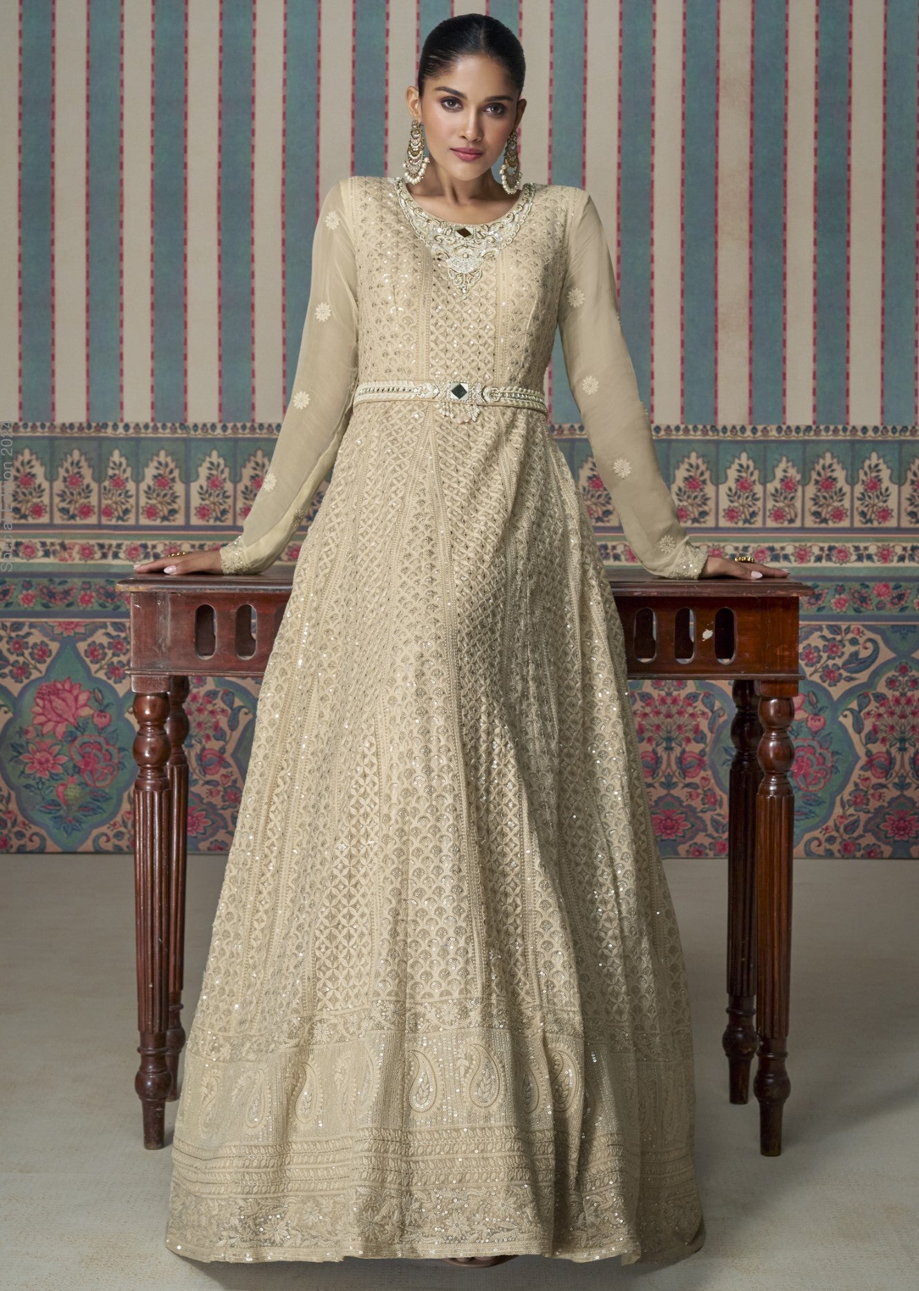 Beige Georgette Anarkali Gown With Sequin Embroidery