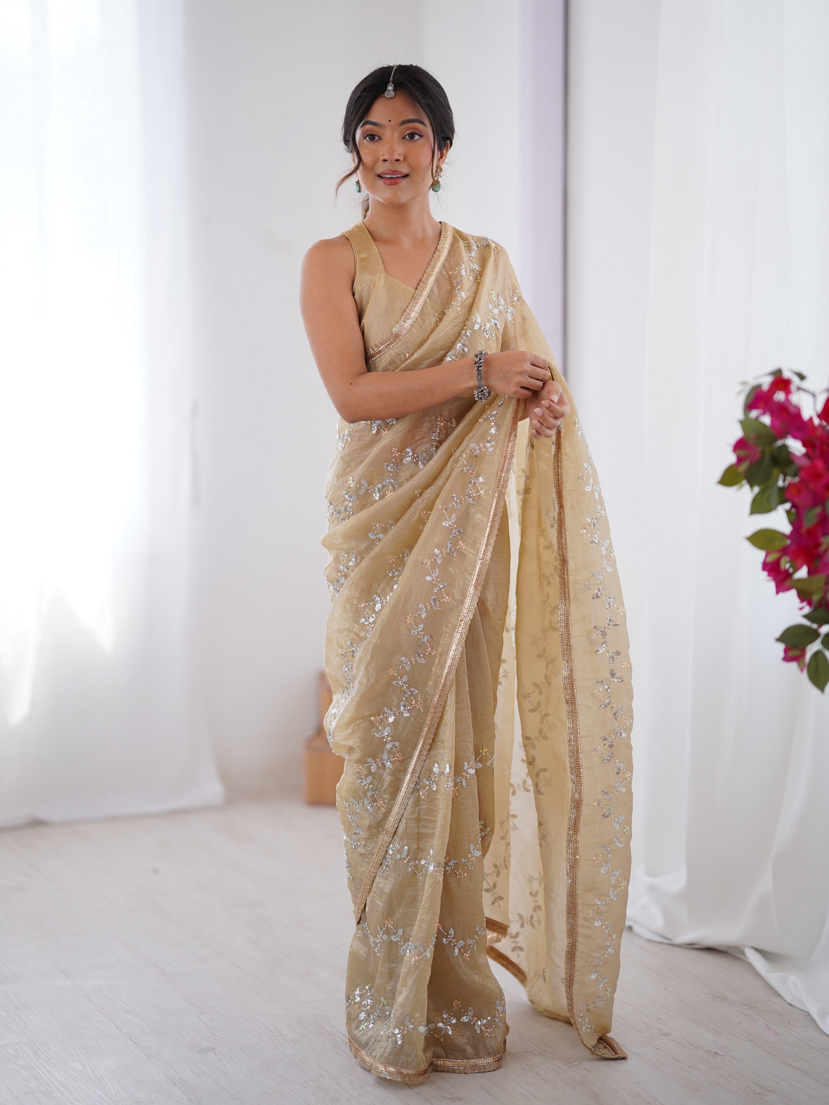 Beige Gold Crush Designer Sequins And Mofis Work Saree