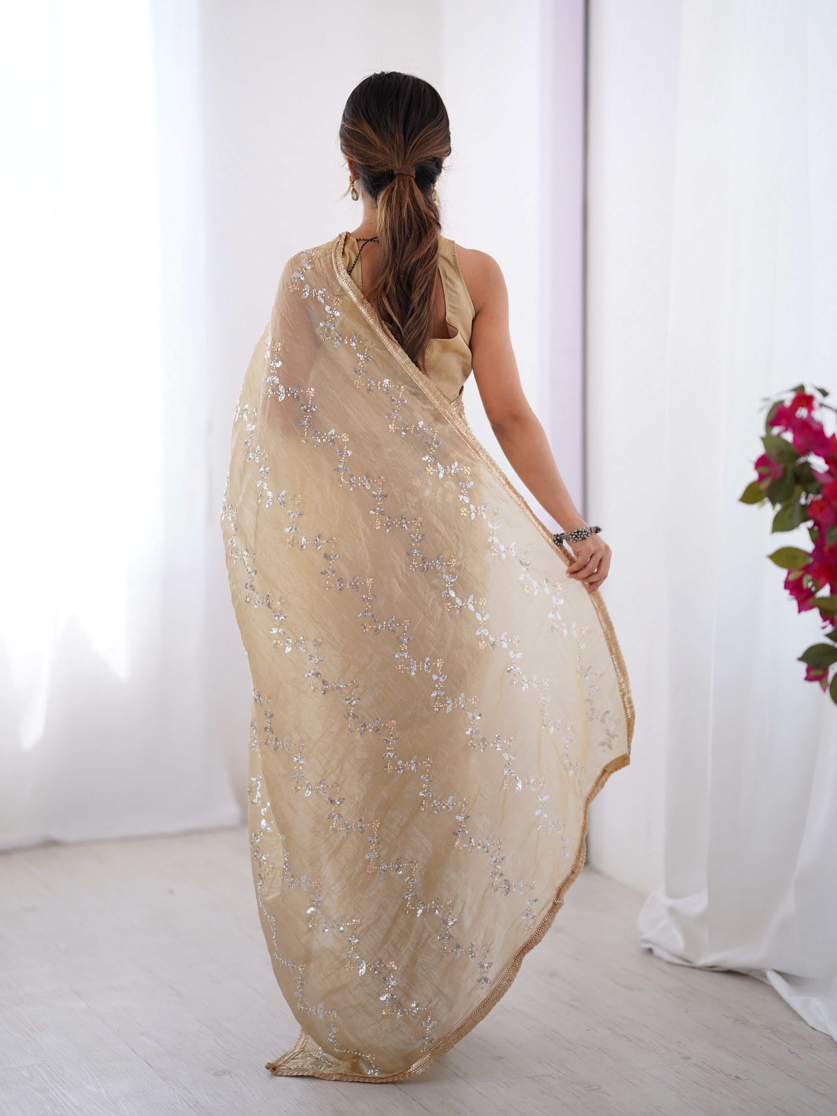 Beige Gold Crush Designer Sequins And Mofis Work Saree