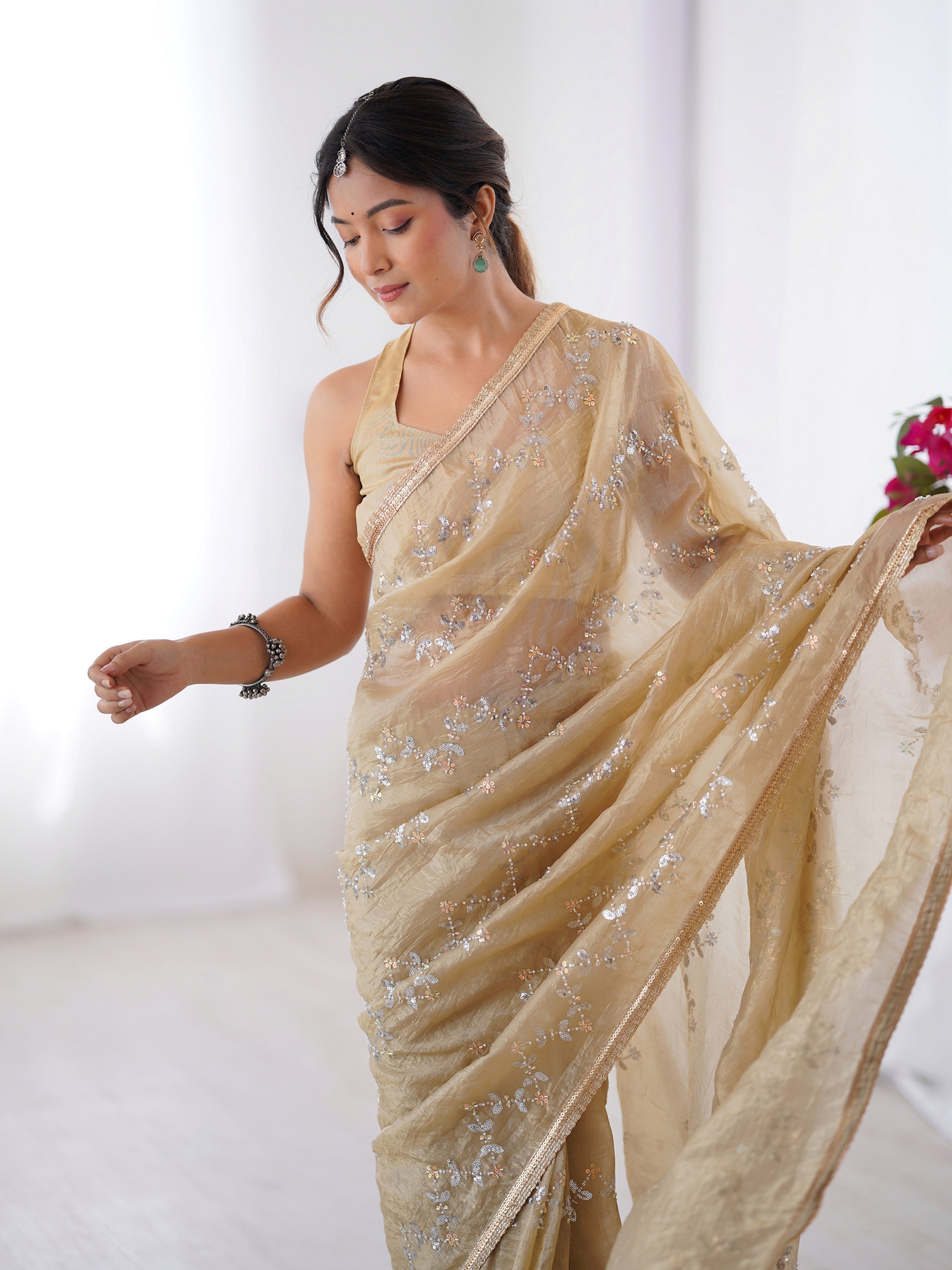 Beige Gold Crush Designer Sequins And Mofis Work Saree