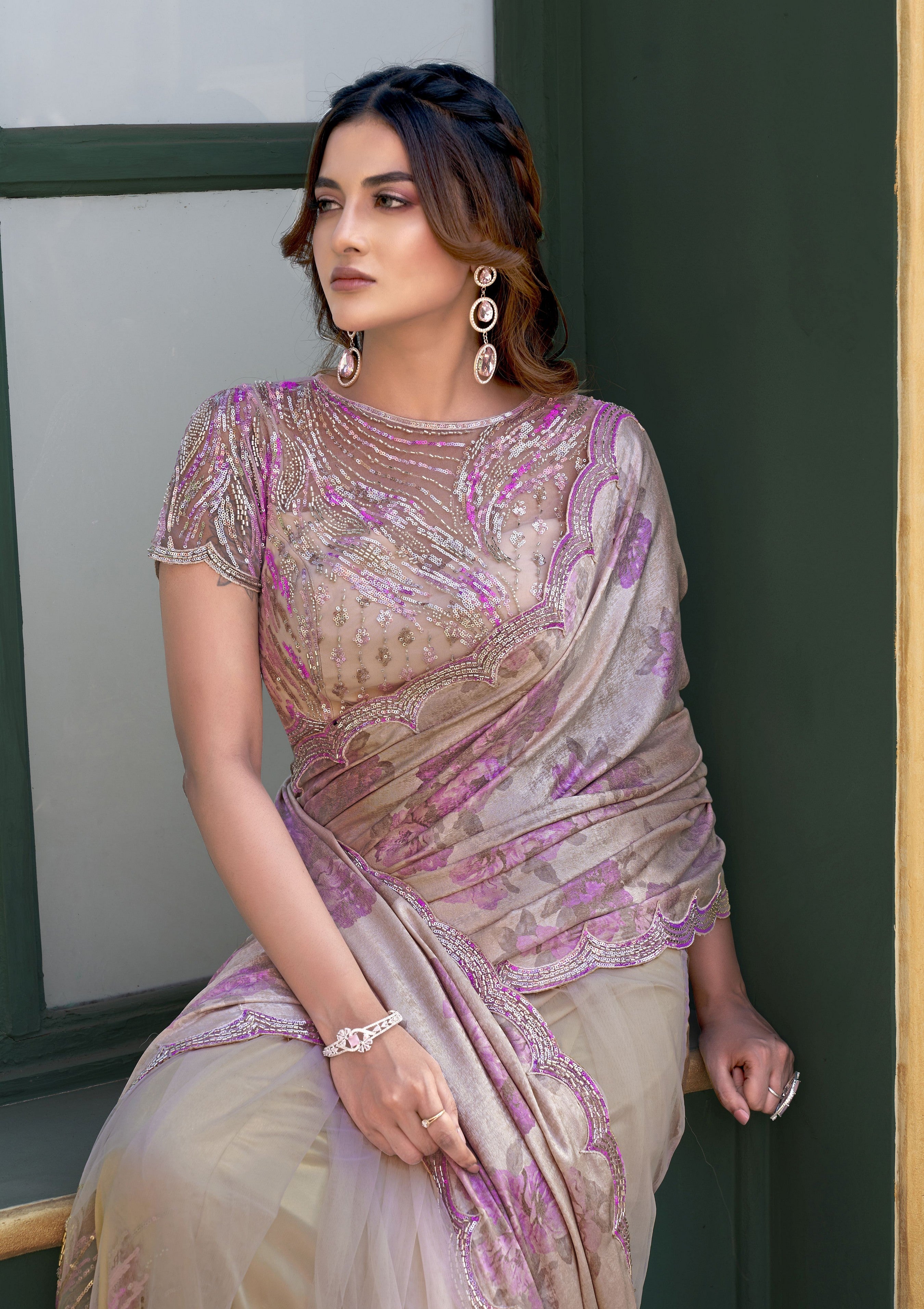 Beige Gucci Velvet Designer Sequence Embroidery With Hand Beads Stone Work Wedding Season Saree