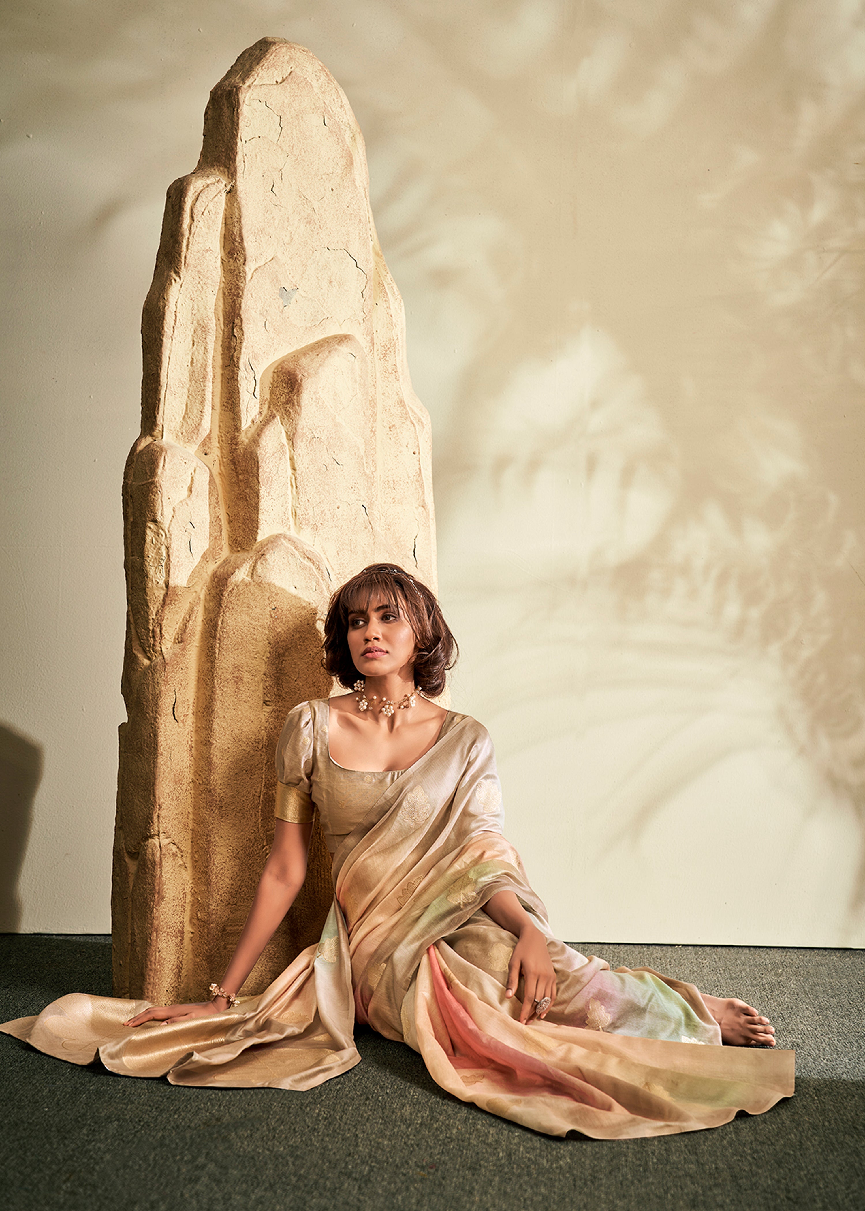 Beige Handloom Khadi Saree With Jacquard Woven With Digital Print