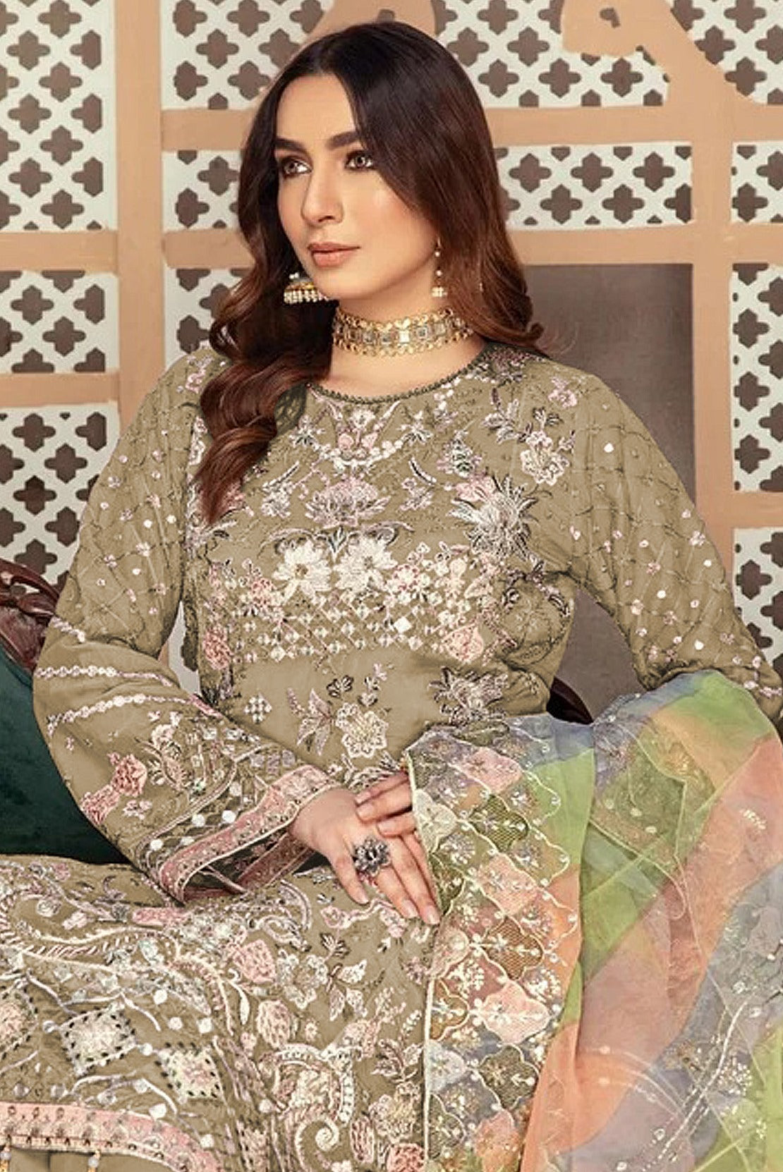Beige Heavy Designer Suit With Heavy Embroidery Work