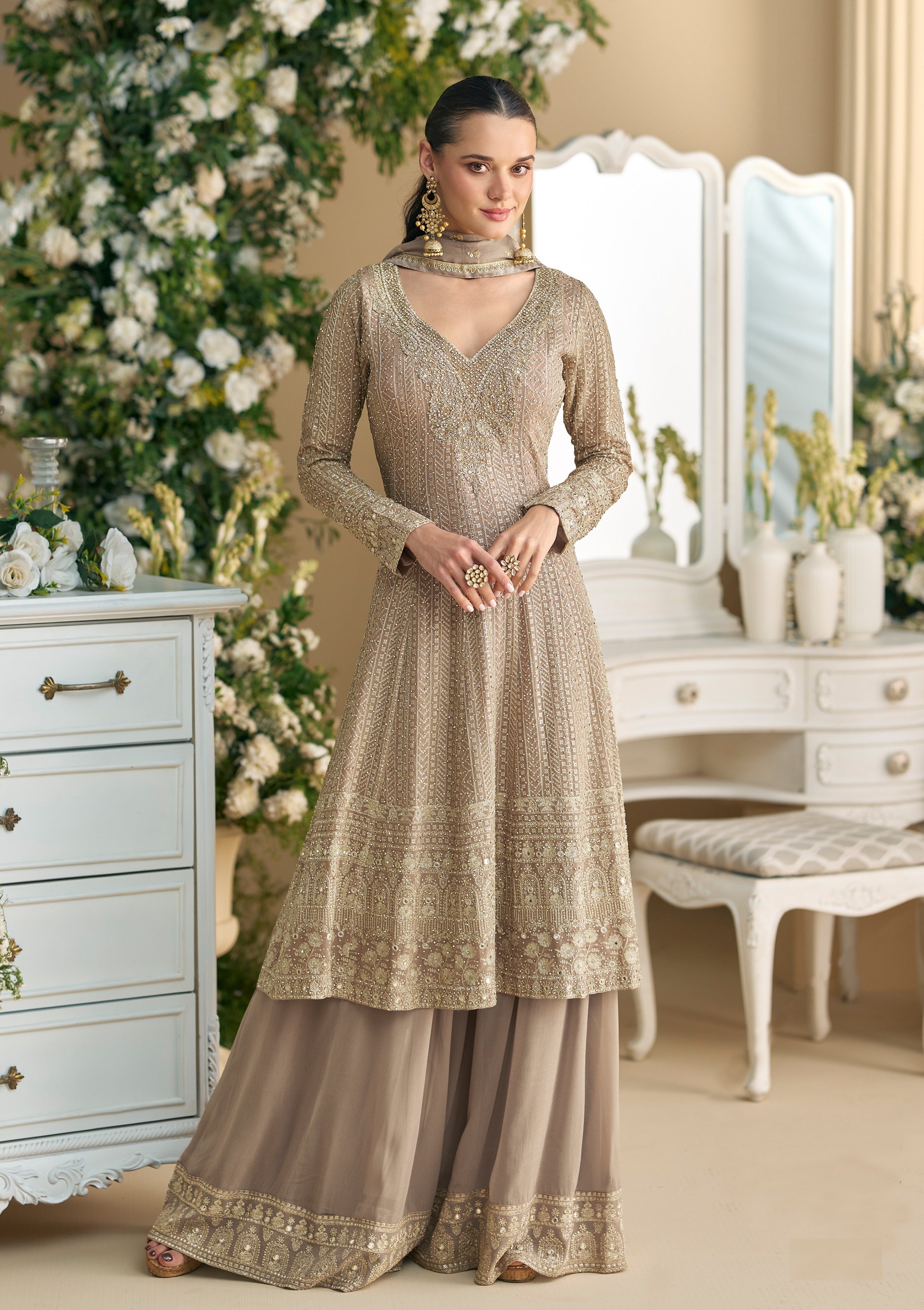 Beige Heavy Designer Suit With Heavy Embroidery Work