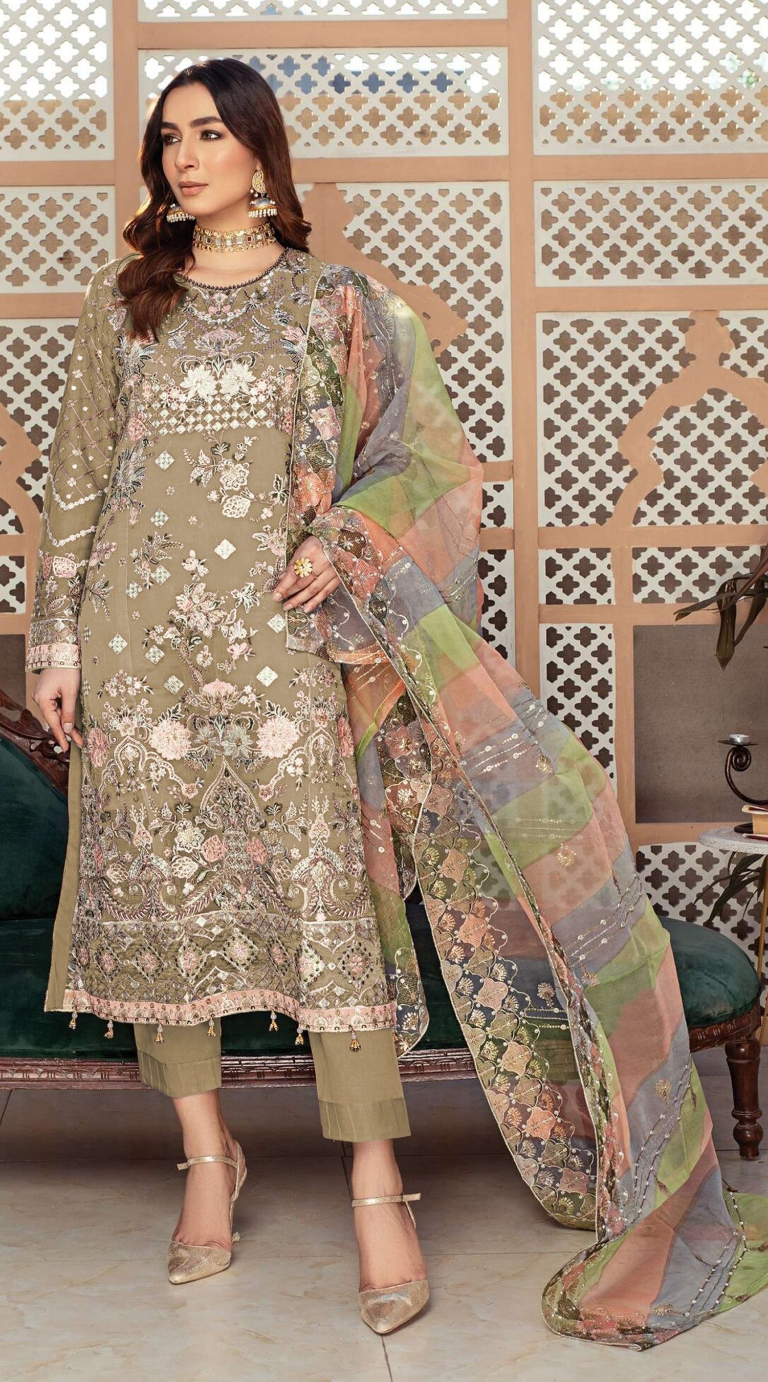 Beige Heavy Designer Suit With Heavy Embroidery Work