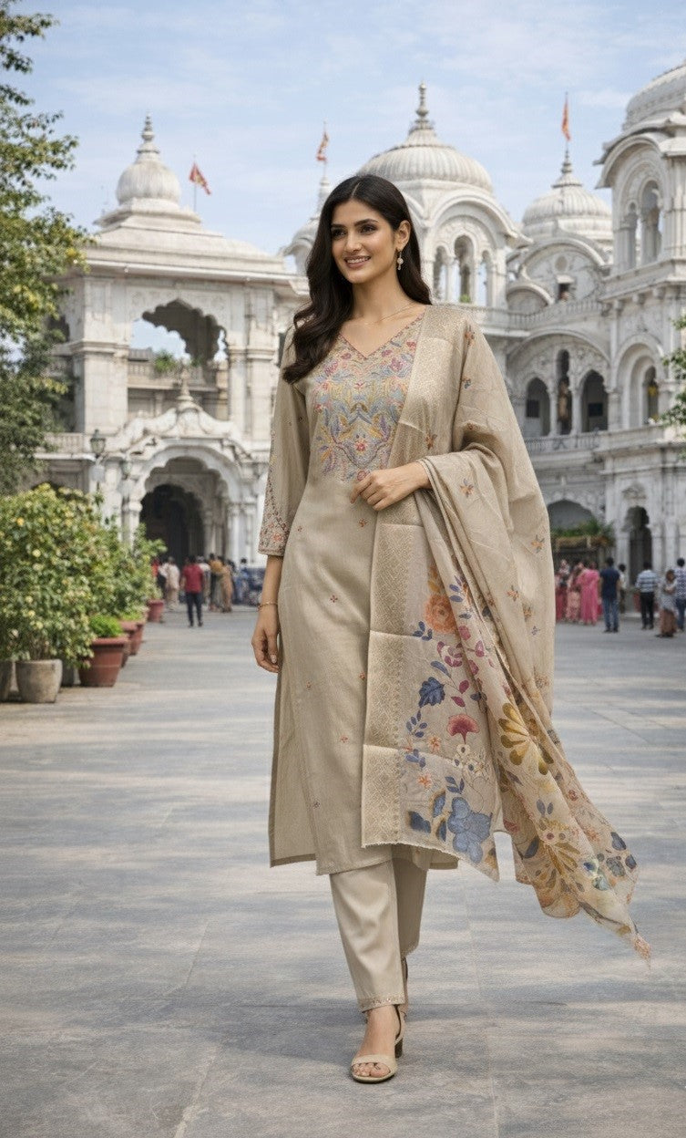 Beige Jacquard Silk Designer Suit Set With Sequin Embellishments