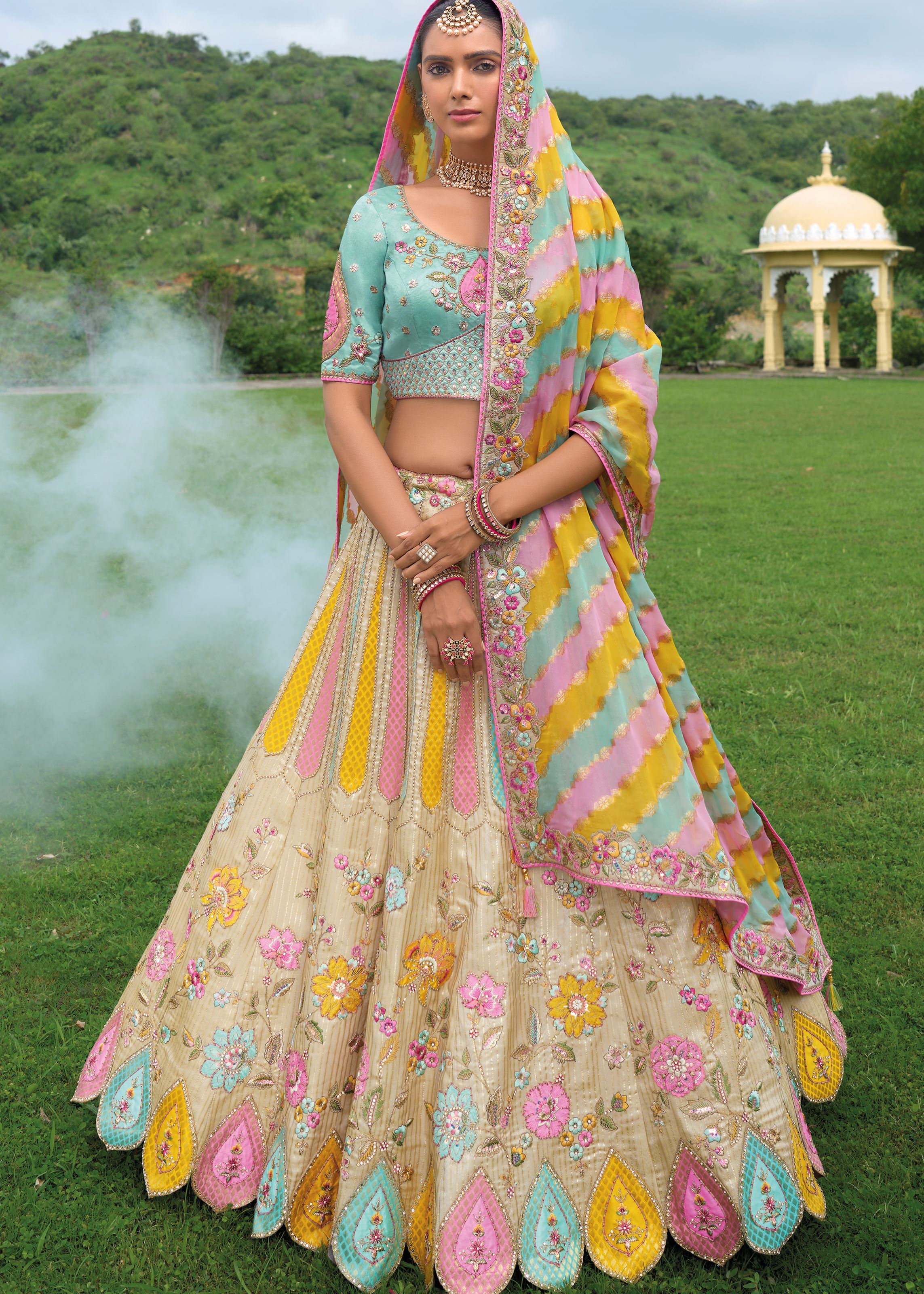 Beige Lehenga Choli With Heavy Thread Embroidery, Khatli With Sequins Work