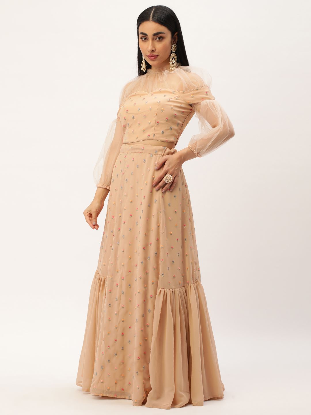 Beige Lehenga Choli with Thread Embroidered Butti Work