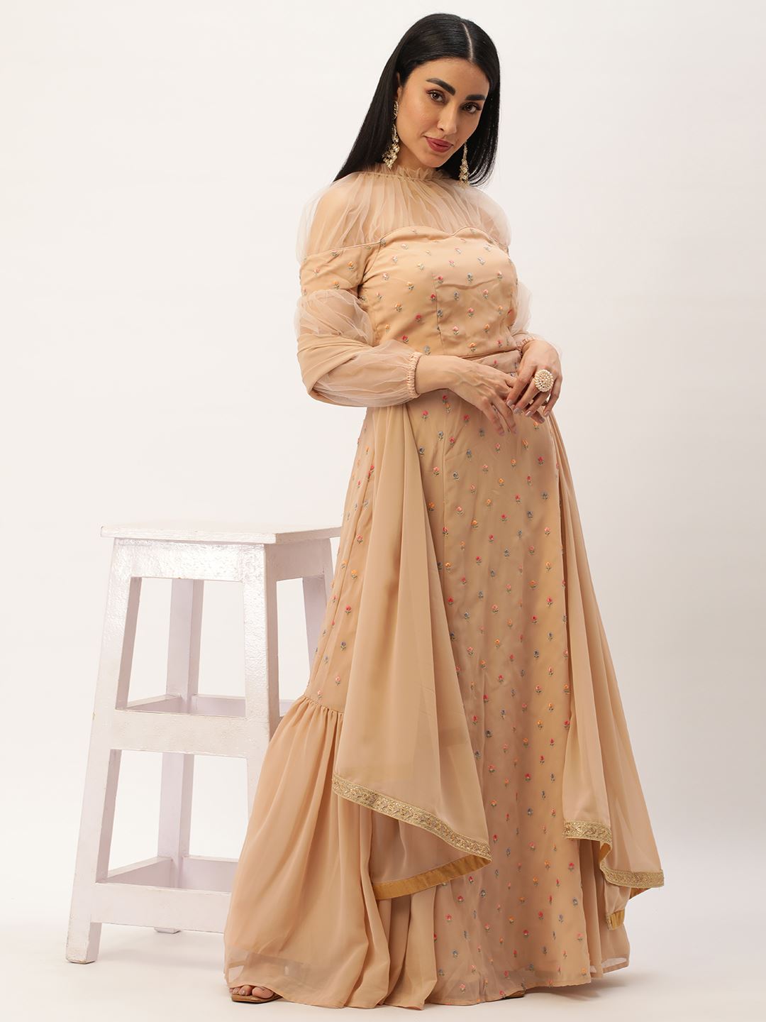 Beige Lehenga Choli with Thread Embroidered Butti Work