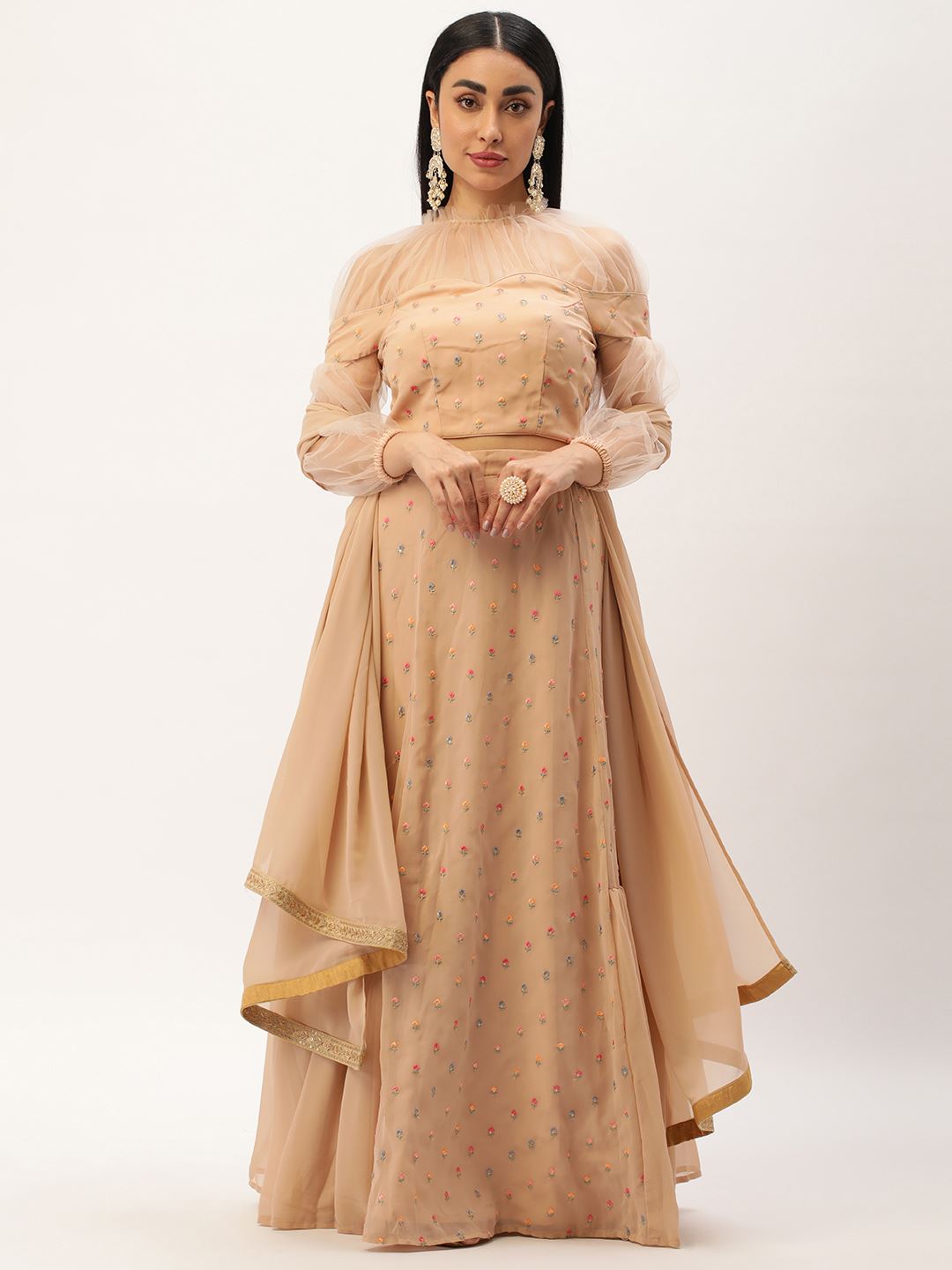 Beige Lehenga Choli with Thread Embroidered Butti Work