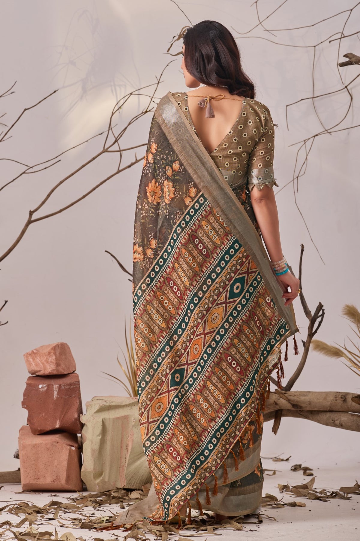 Beige Linen Cotton Saree with Digital Print
