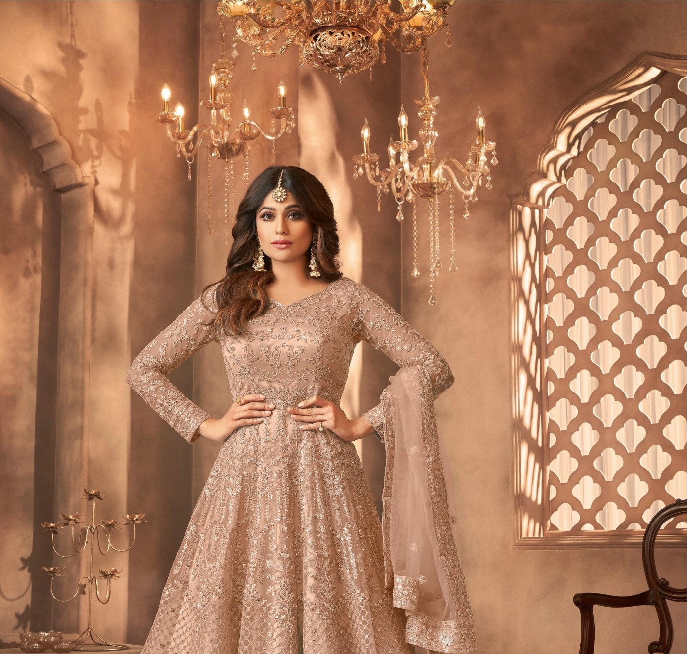 Beige Net Designer Suit Set With Intricate Embroidery