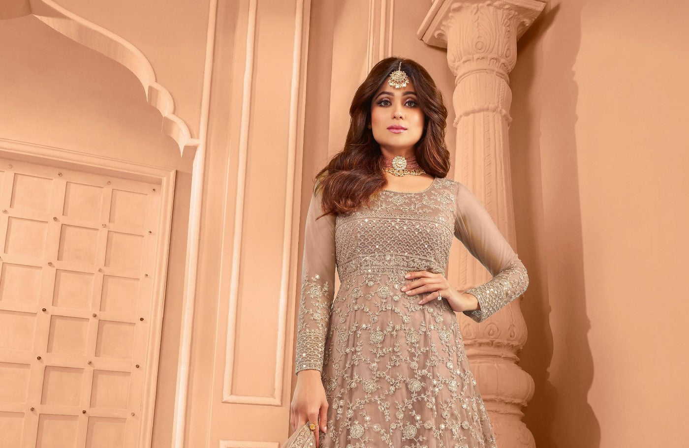 Beige Net Designer Suit Set With Intricate Embroidery