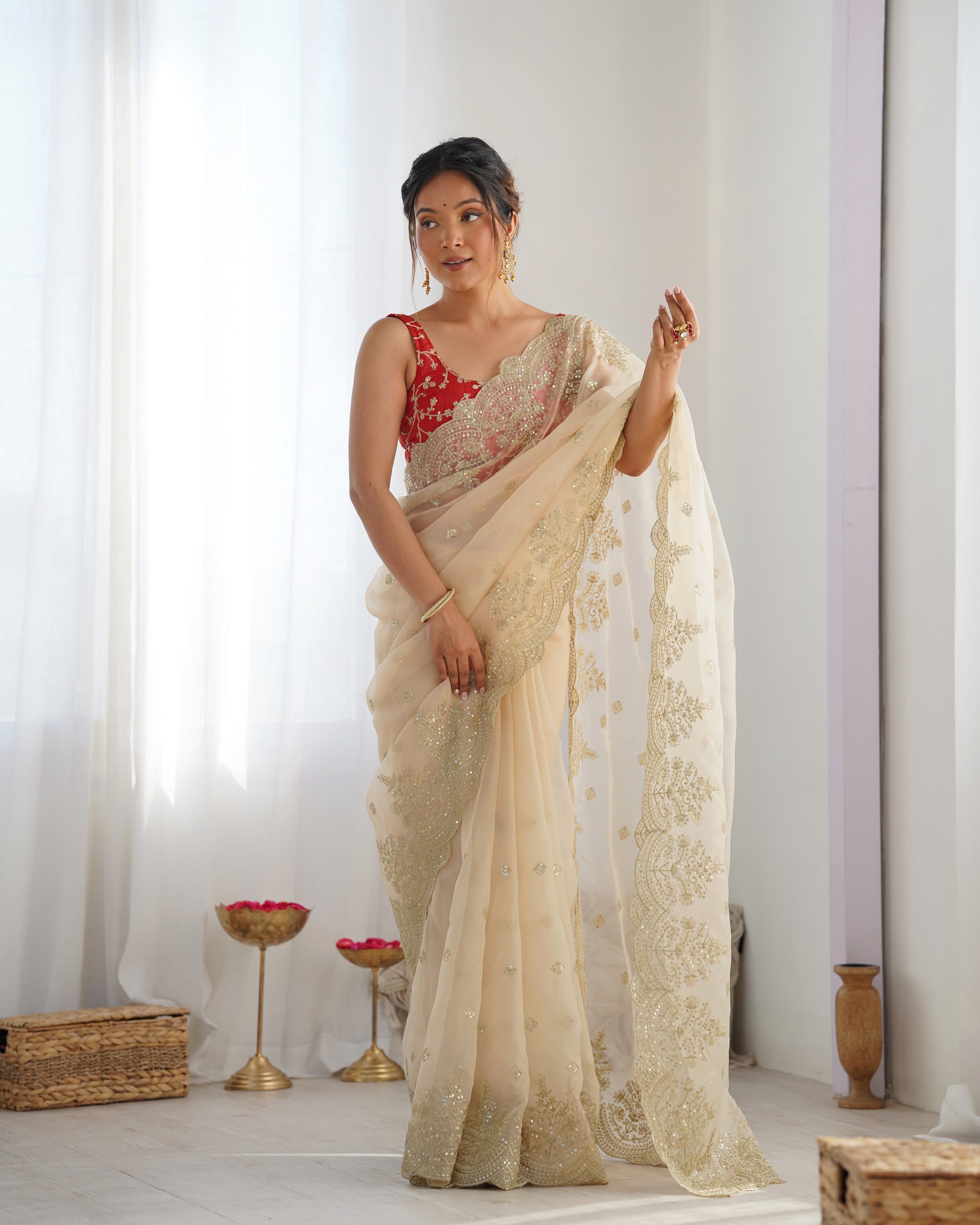 Beige Nylone Organza Beautiful Bollywood Style Show Stopper Saree