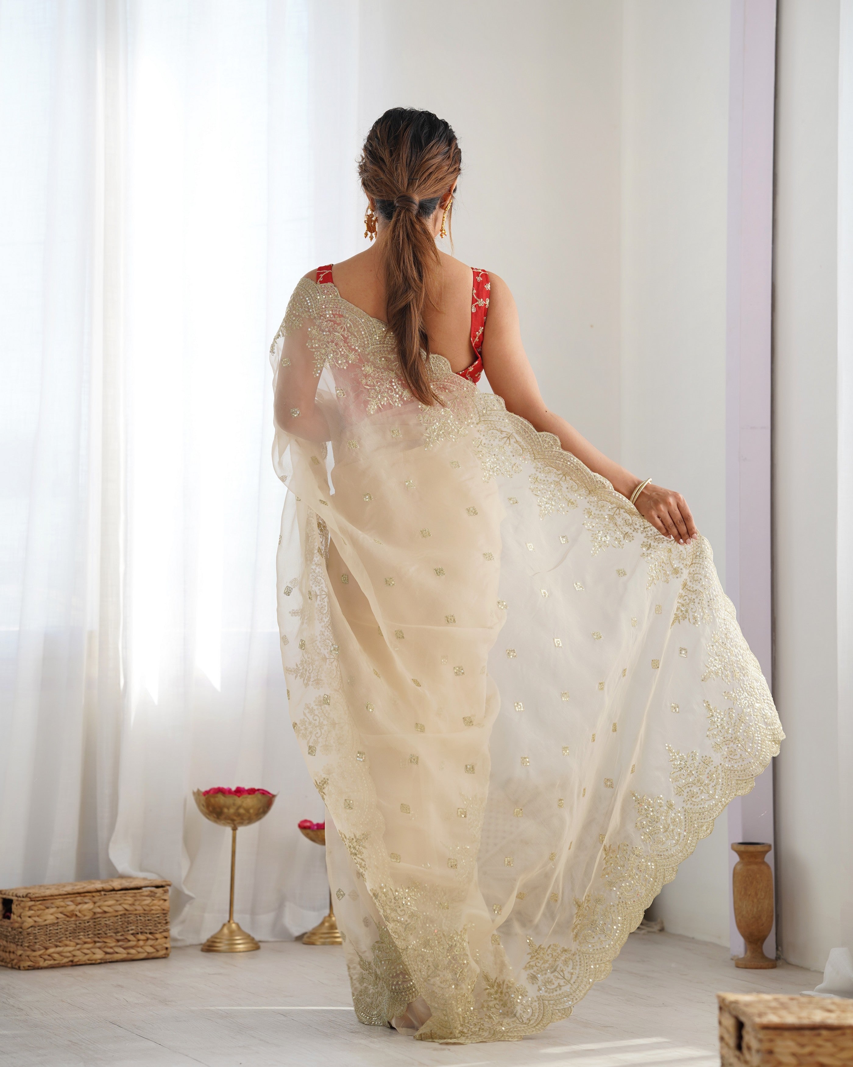 Beige Nylone Organza Beautiful Bollywood Style Show Stopper Saree