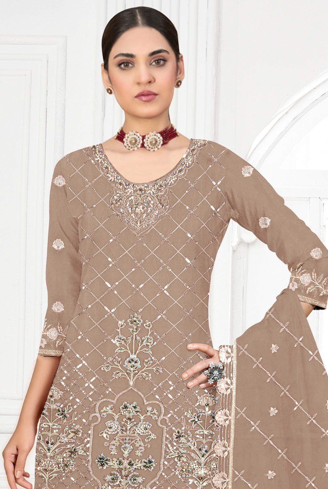Beige Pakistani Salwar Suit With Heavy Embroidery Work