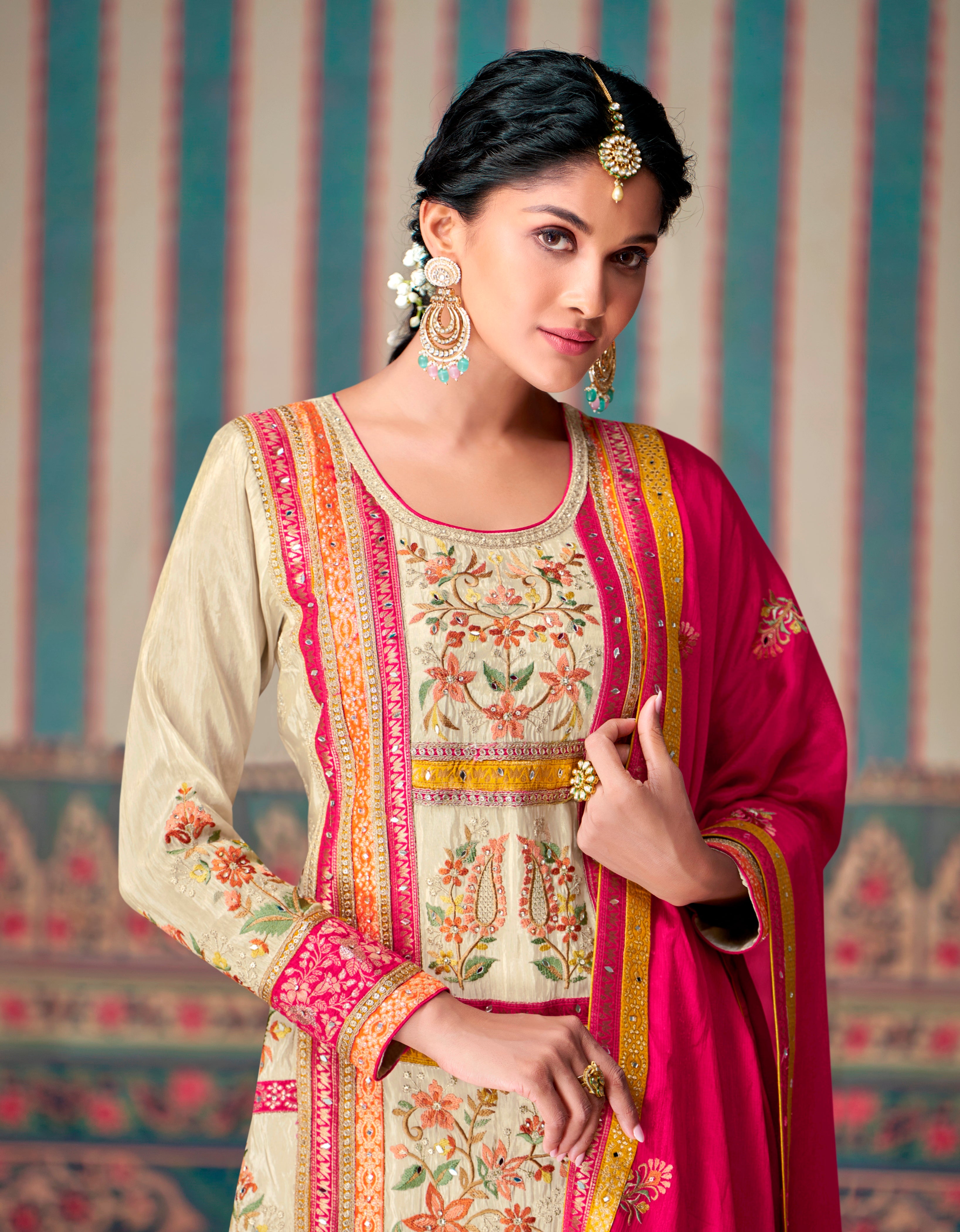 Beige Palazzo Style Salwar Suit With Heavy Embroidery Work