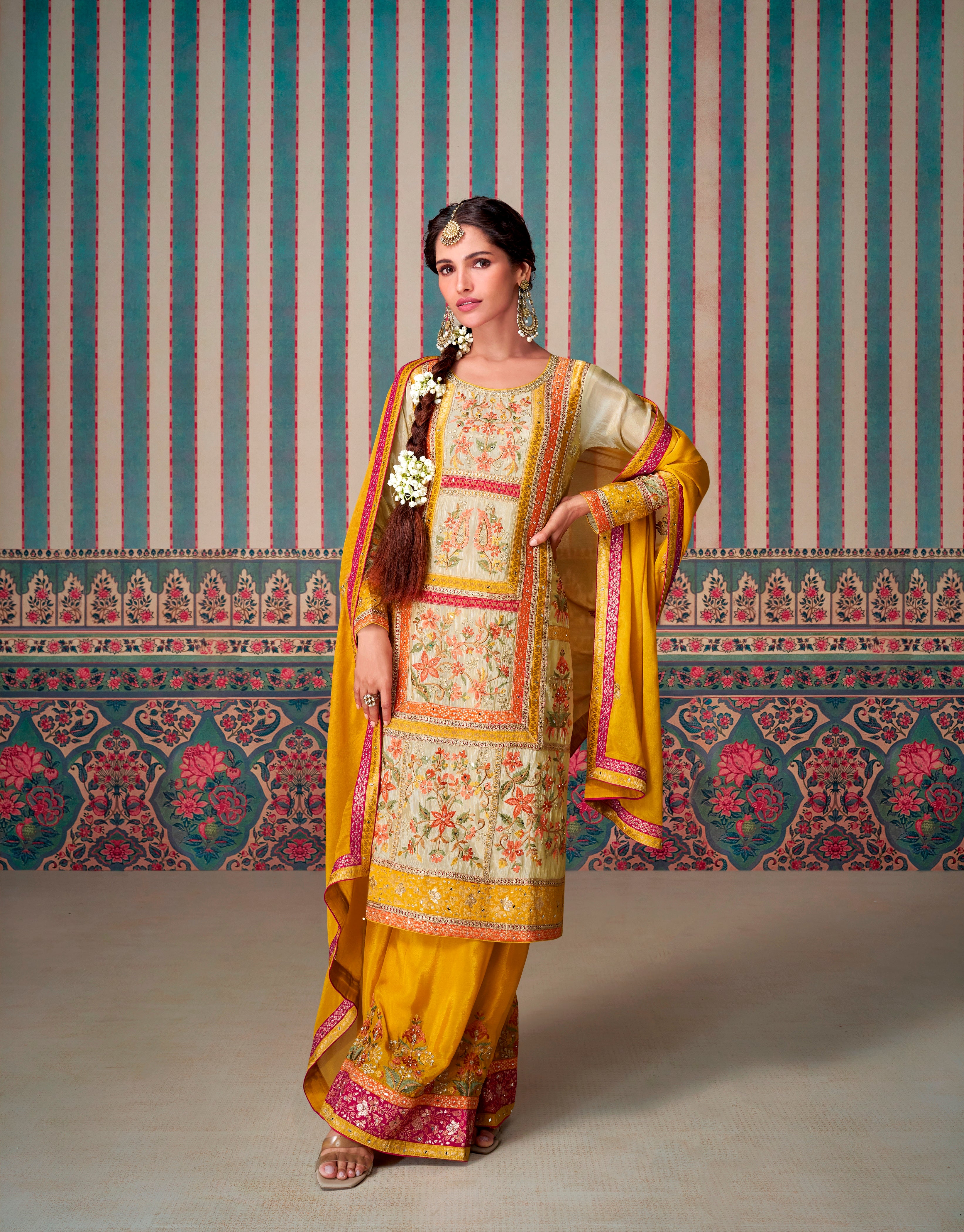Beige Palazzo Style Salwar Suit With Heavy Embroidery Work