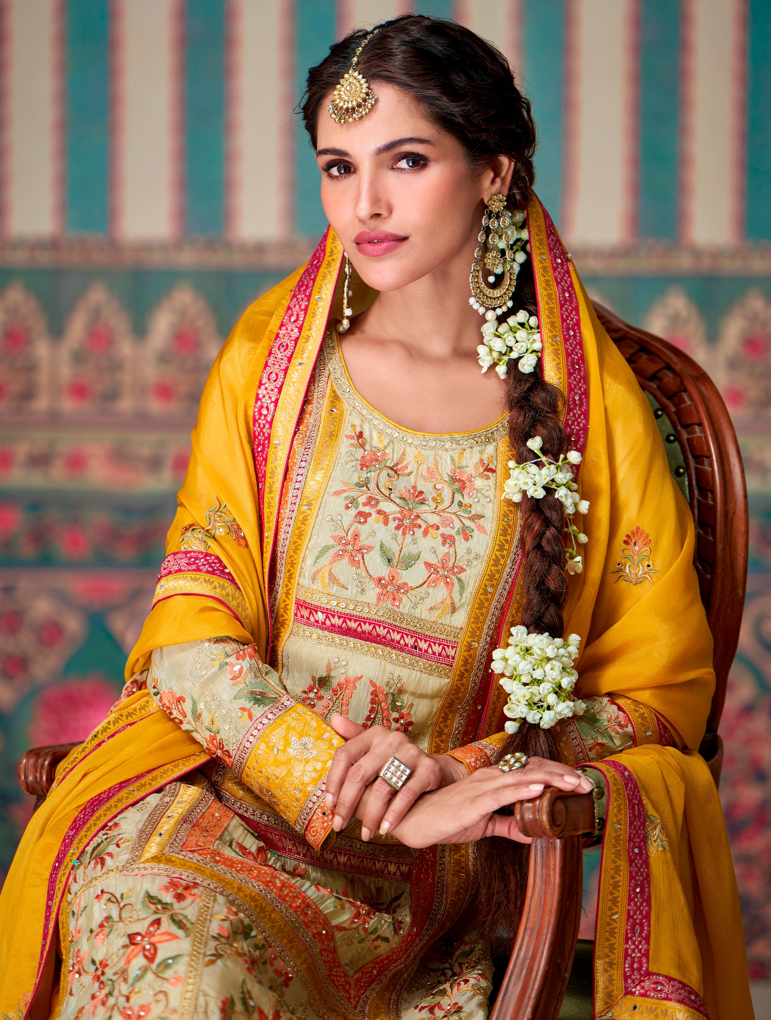Beige Palazzo Style Salwar Suit With Heavy Embroidery Work