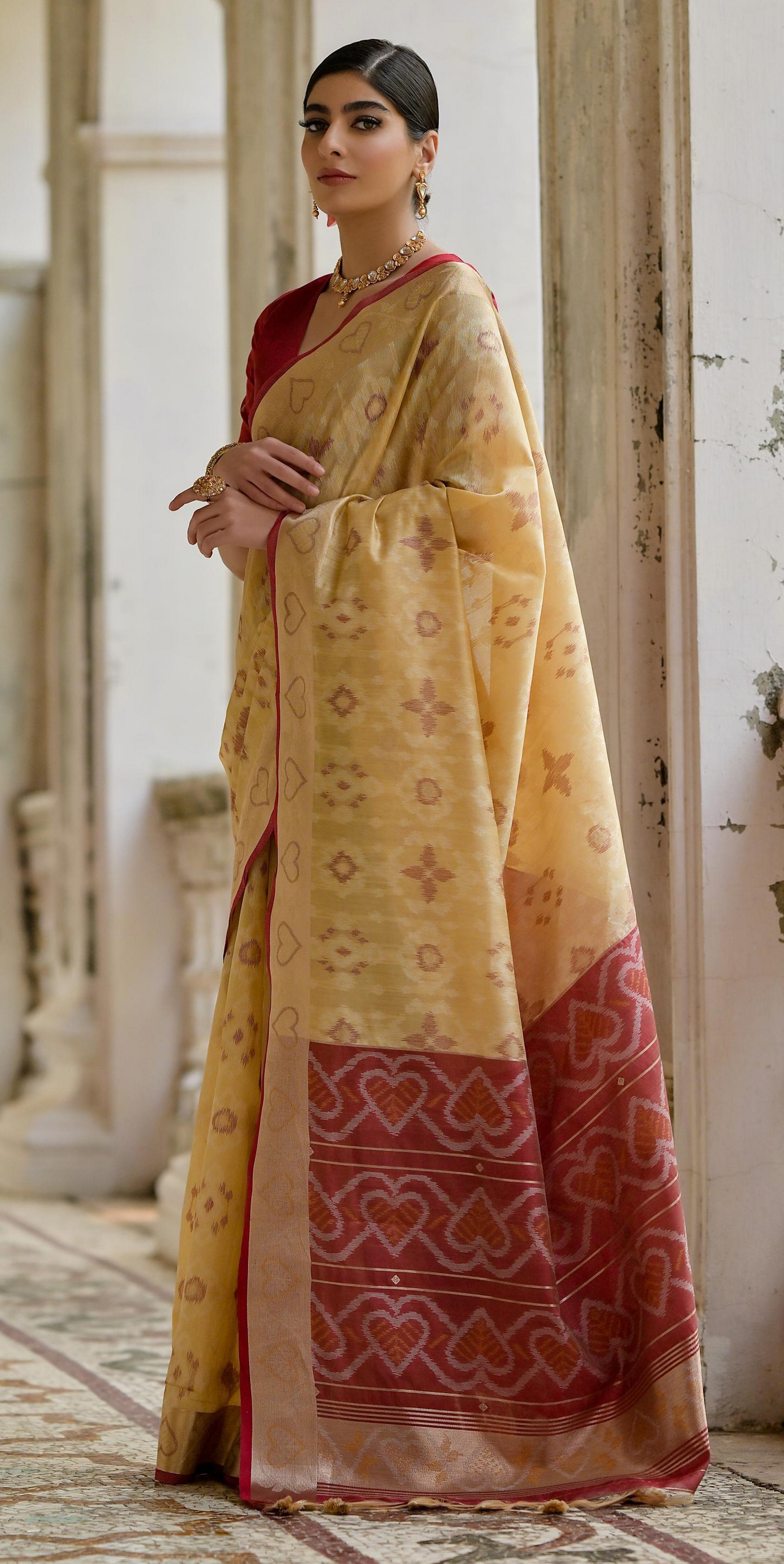 Beige Raw Silk Woven Ikat Designer Ceremonial Saree