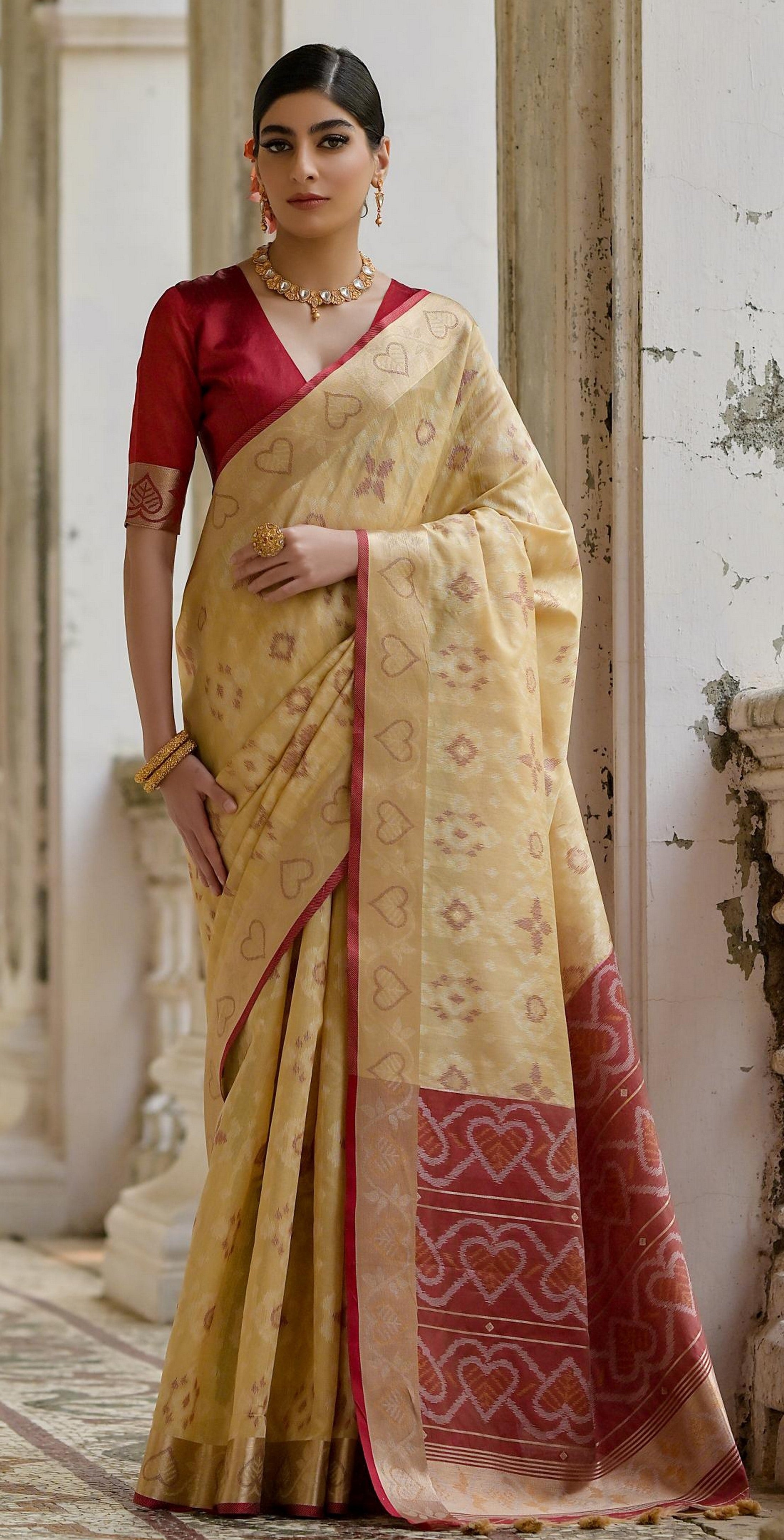 Beige Raw Silk Woven Ikat Designer Ceremonial Saree