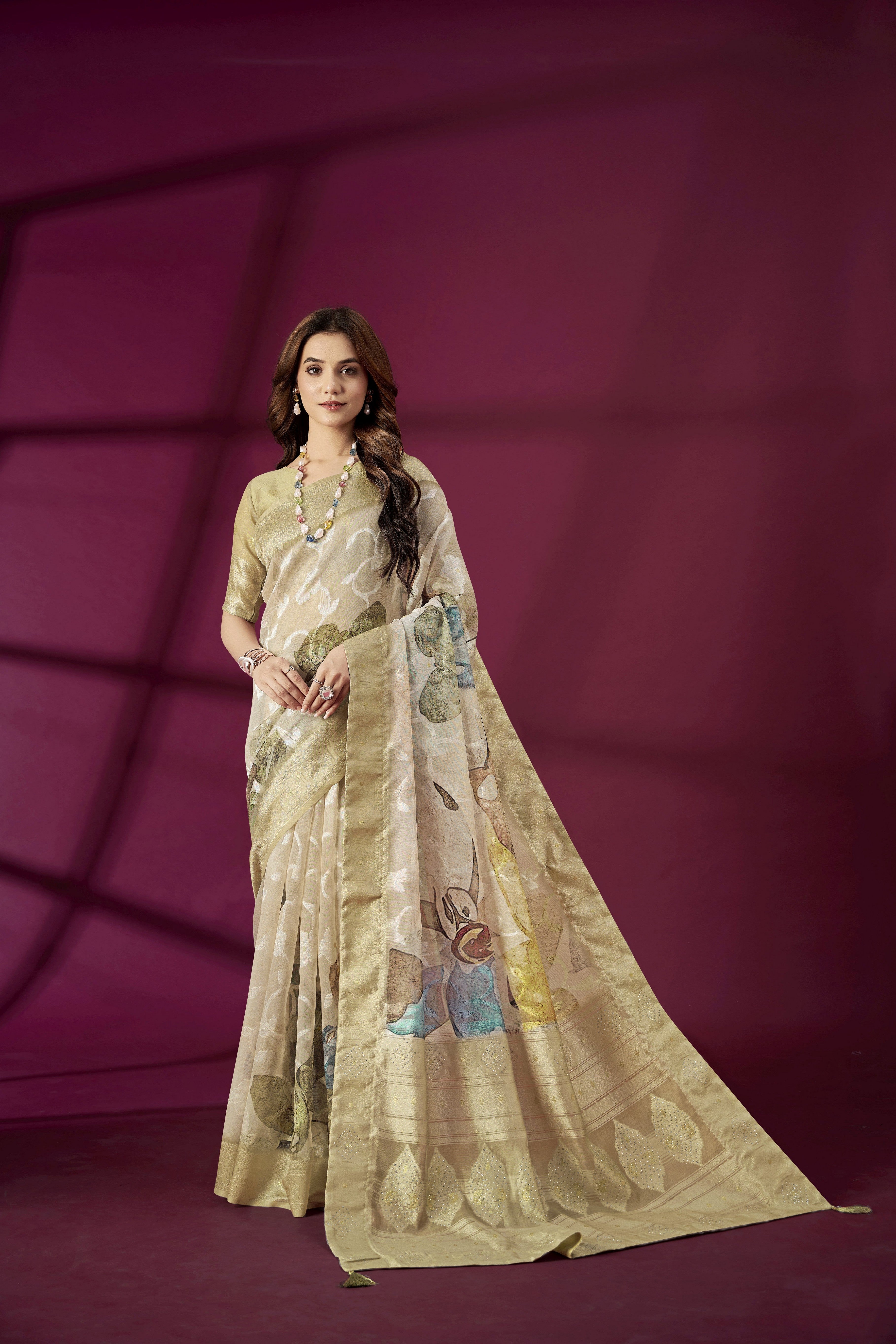Beige Rich Silk Jacquard Designer Saree With Smart Ethnic Printed