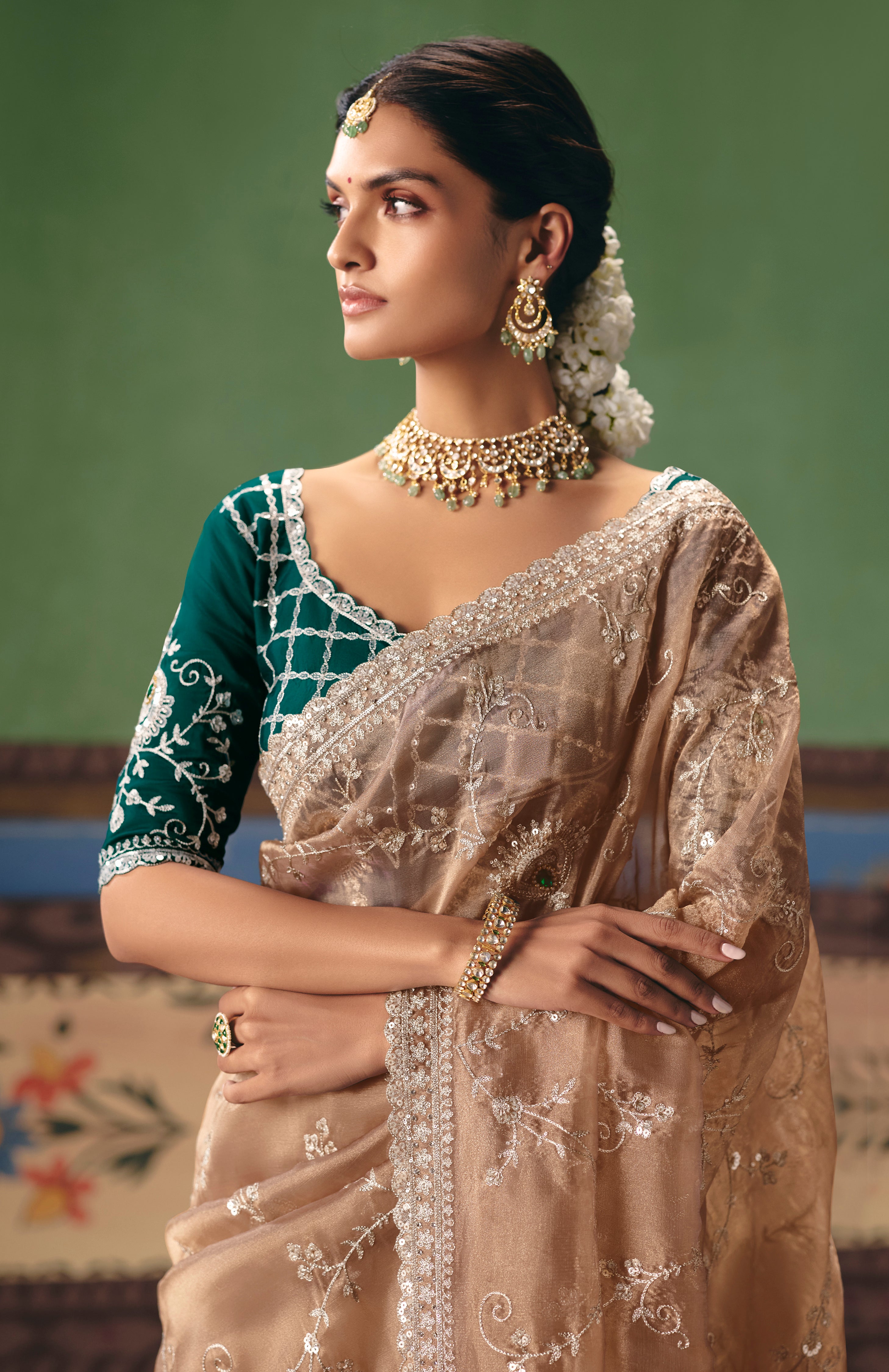 Beige Saree With Heavy Designer Embroidery, Sequince, Stone, Pearl With Beads Work