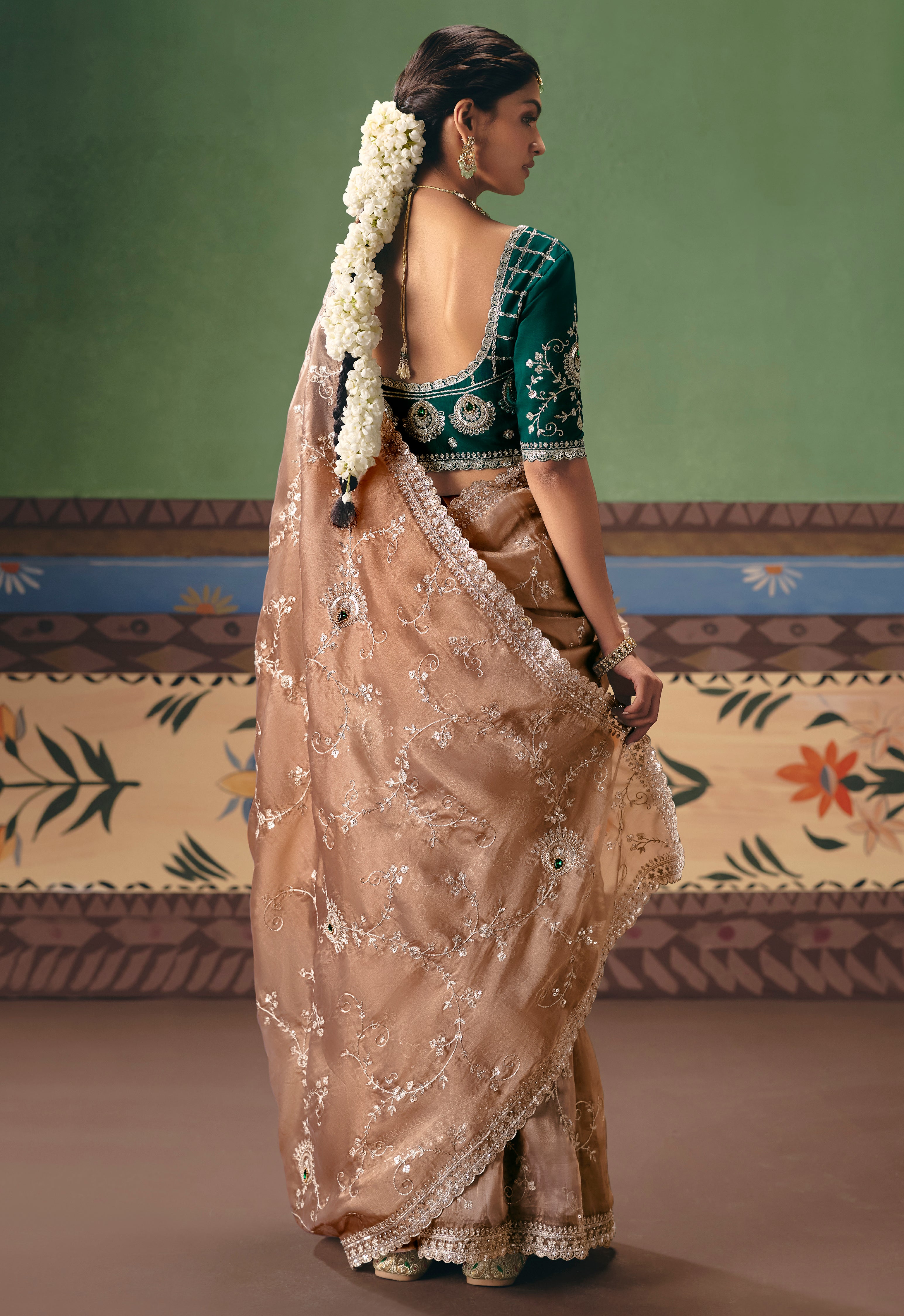 Beige Saree With Heavy Designer Embroidery, Sequince, Stone, Pearl With Beads Work