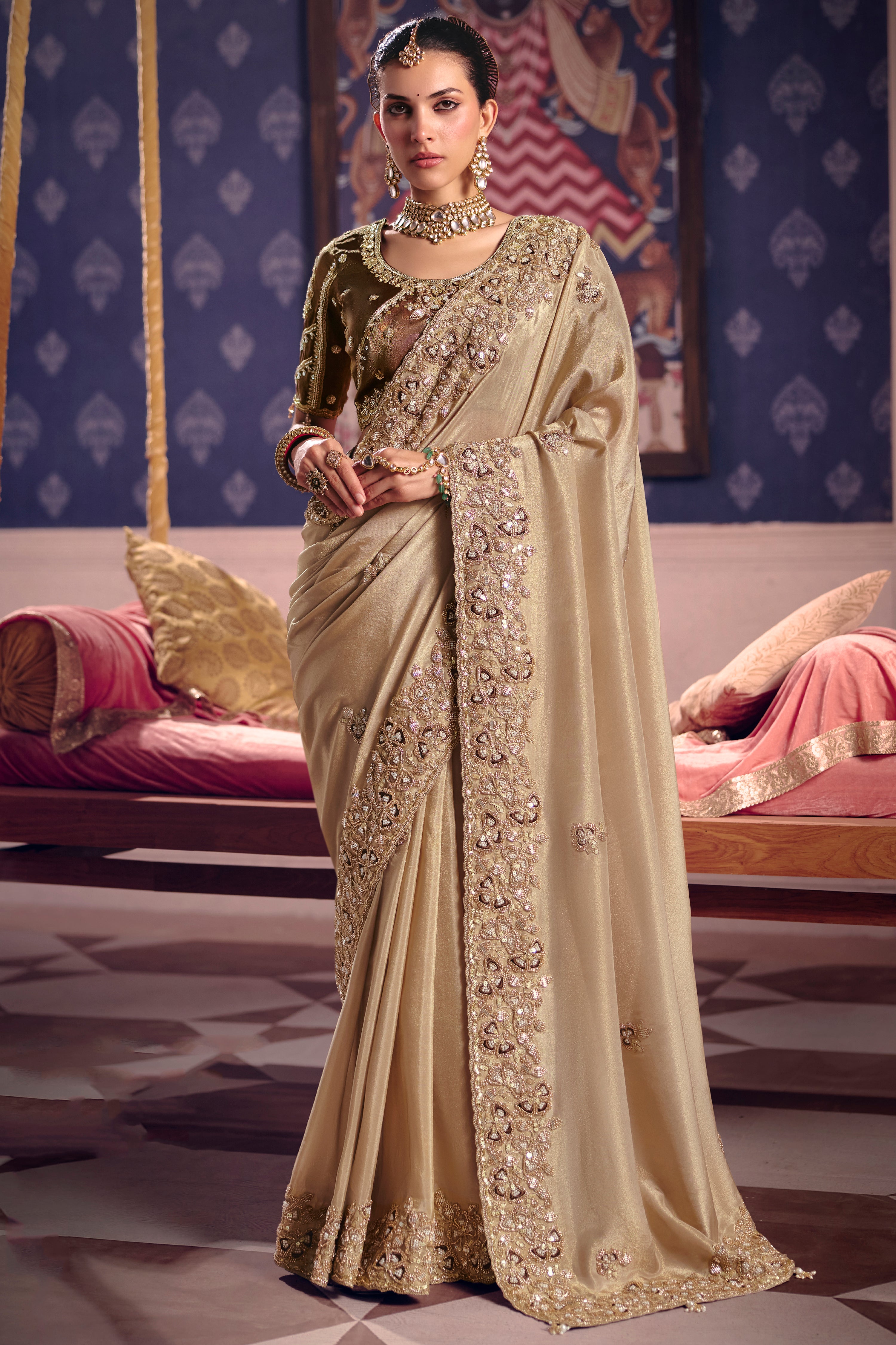 Beige Saree With Heavy Embroidery, Beads With Sequince Work