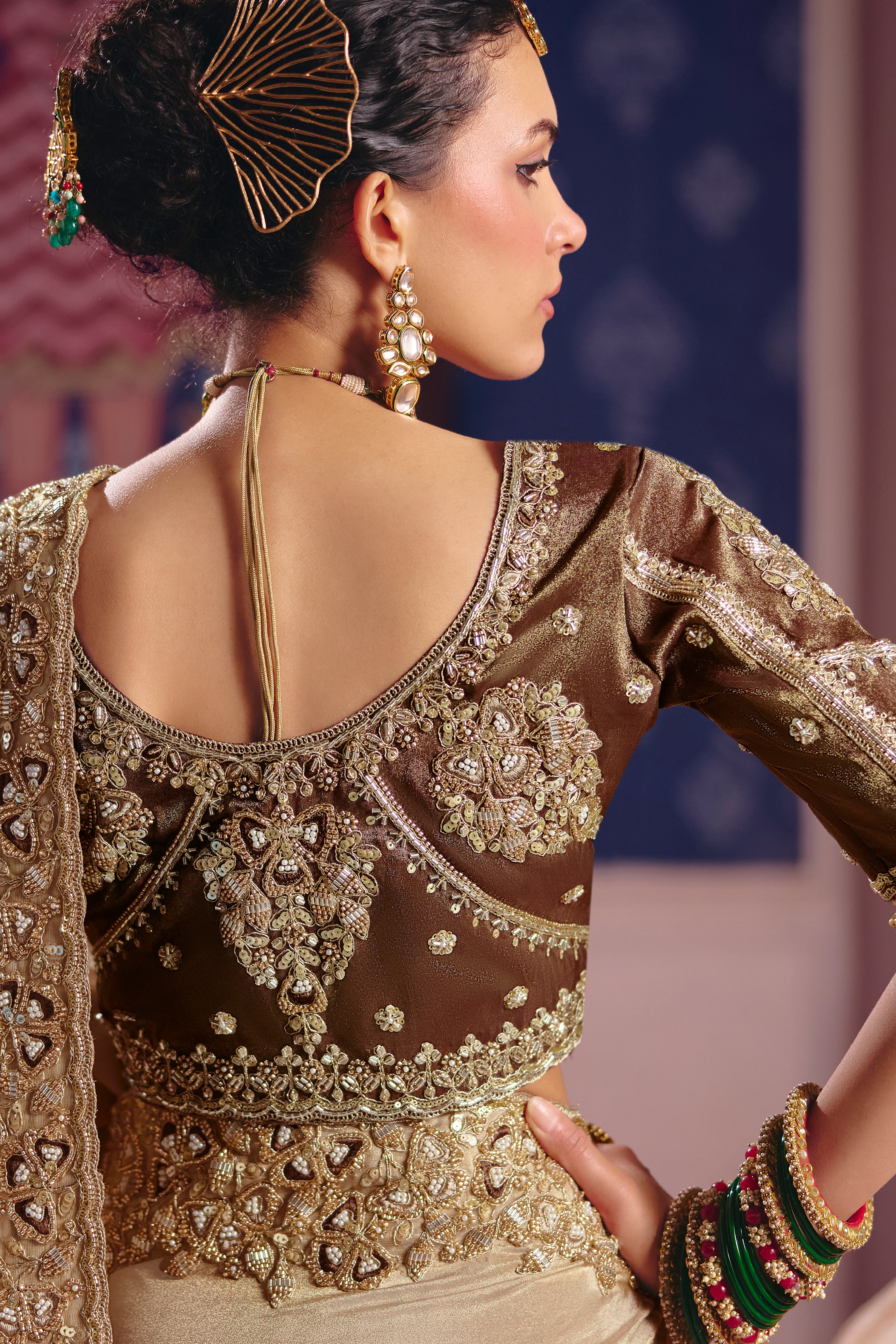Beige Saree With Heavy Embroidery, Beads With Sequince Work