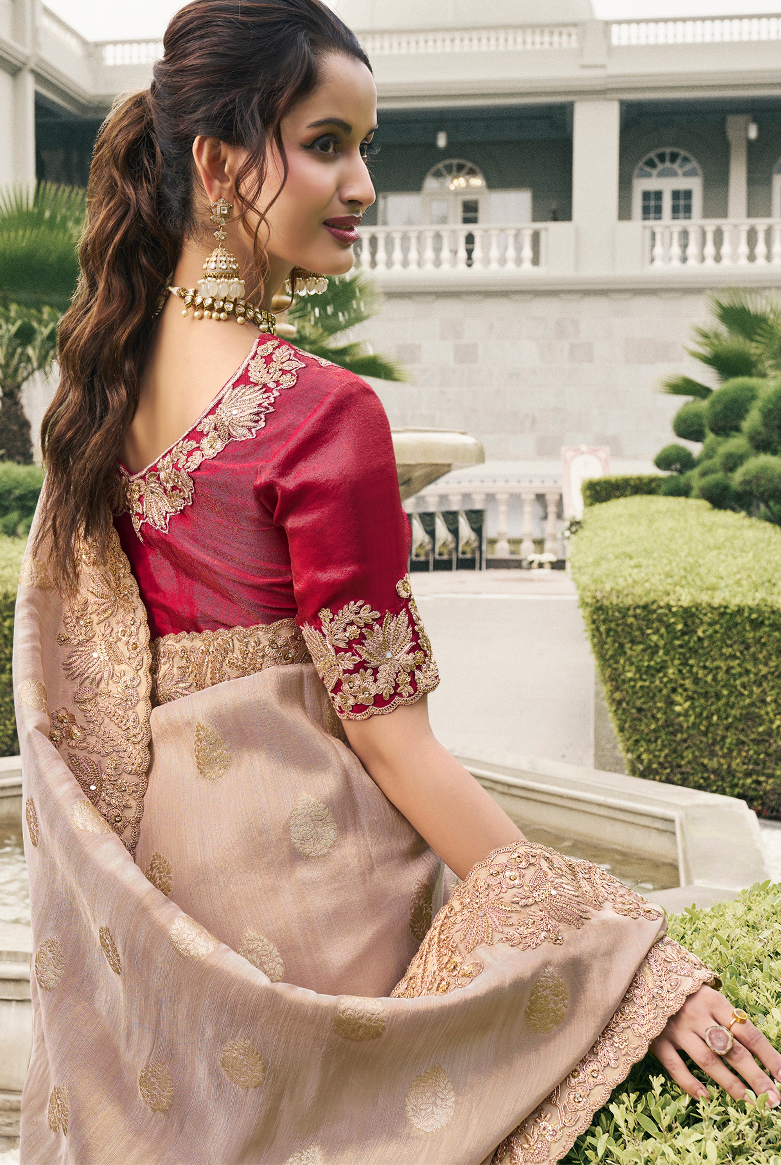 Beige Saree With Heavy Thread Embroidery, Stone, Pearl, Real Mirror Work