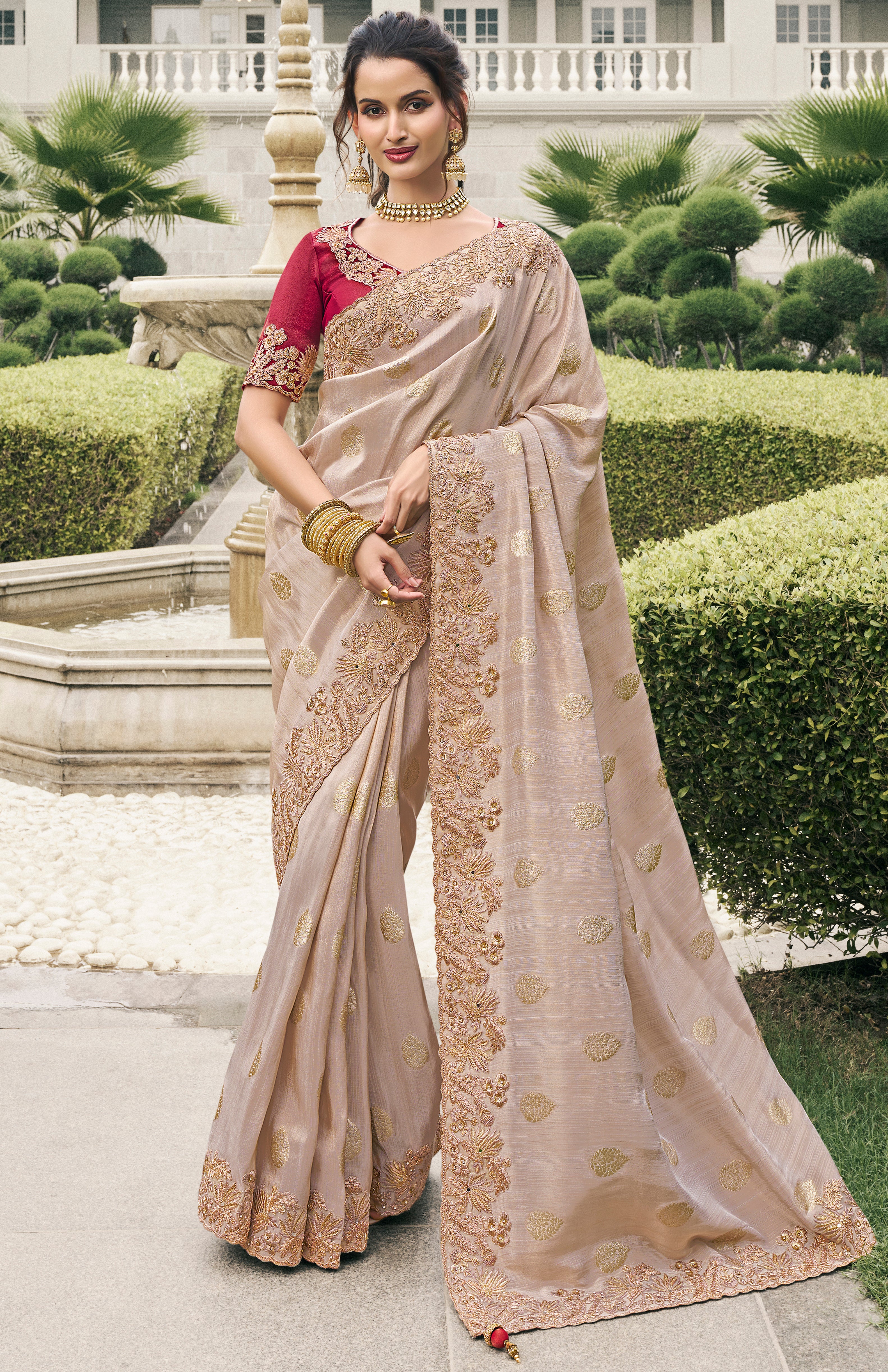 Beige Saree With Heavy Thread Embroidery, Stone, Pearl, Real Mirror Work