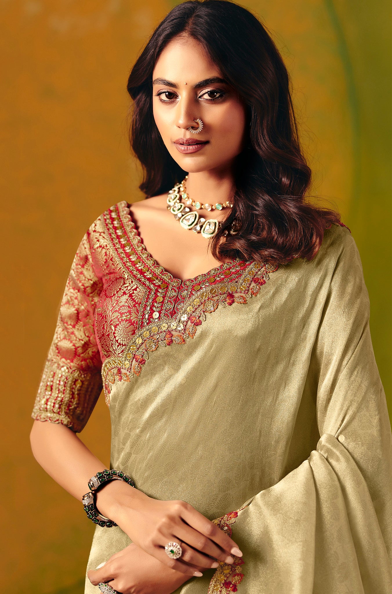 Beige Saree With Zari Weaving With Fancy Work Border