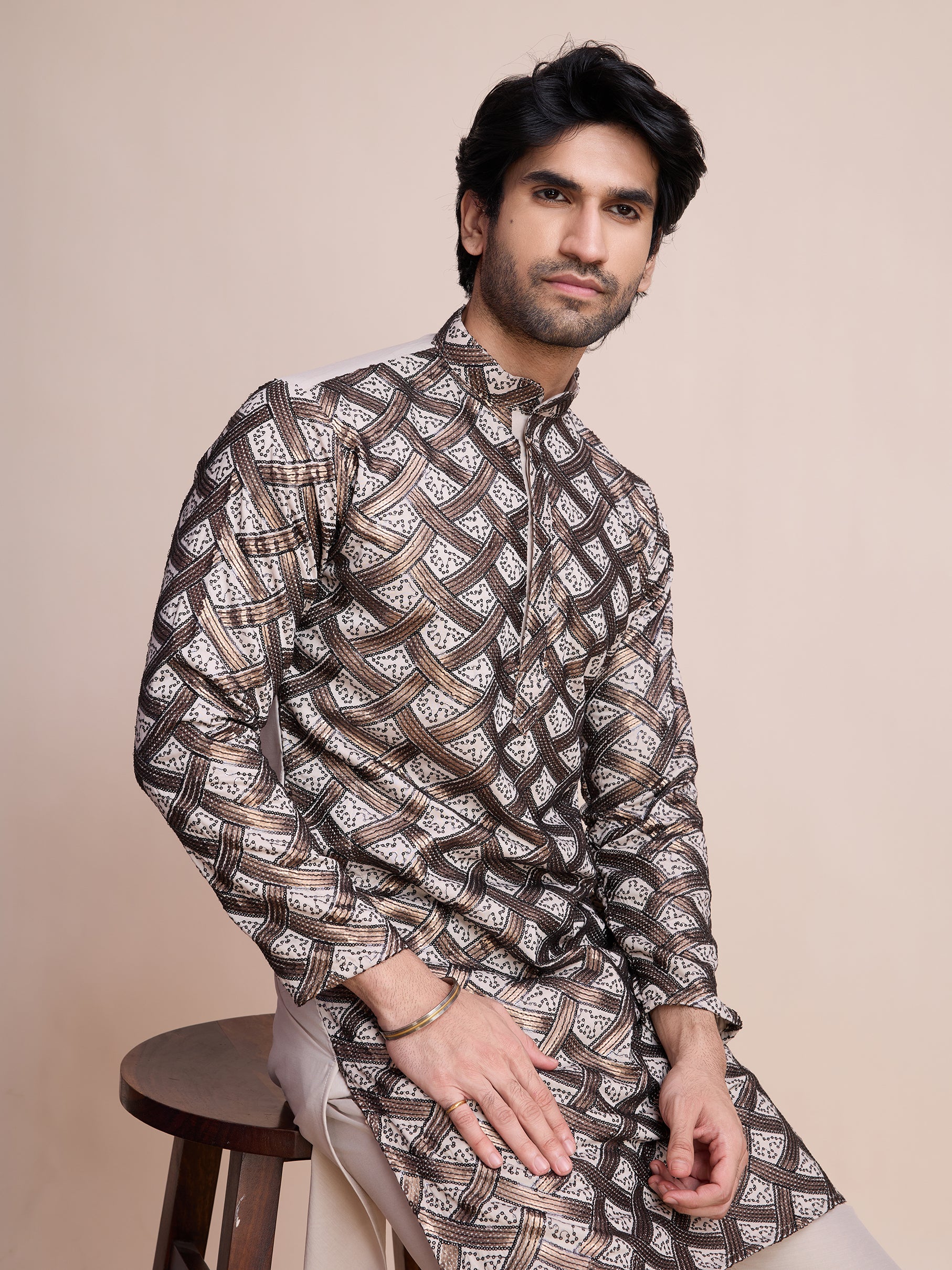 Beige Silk Heavy Embroidered Kurta – Subtle Festive Style