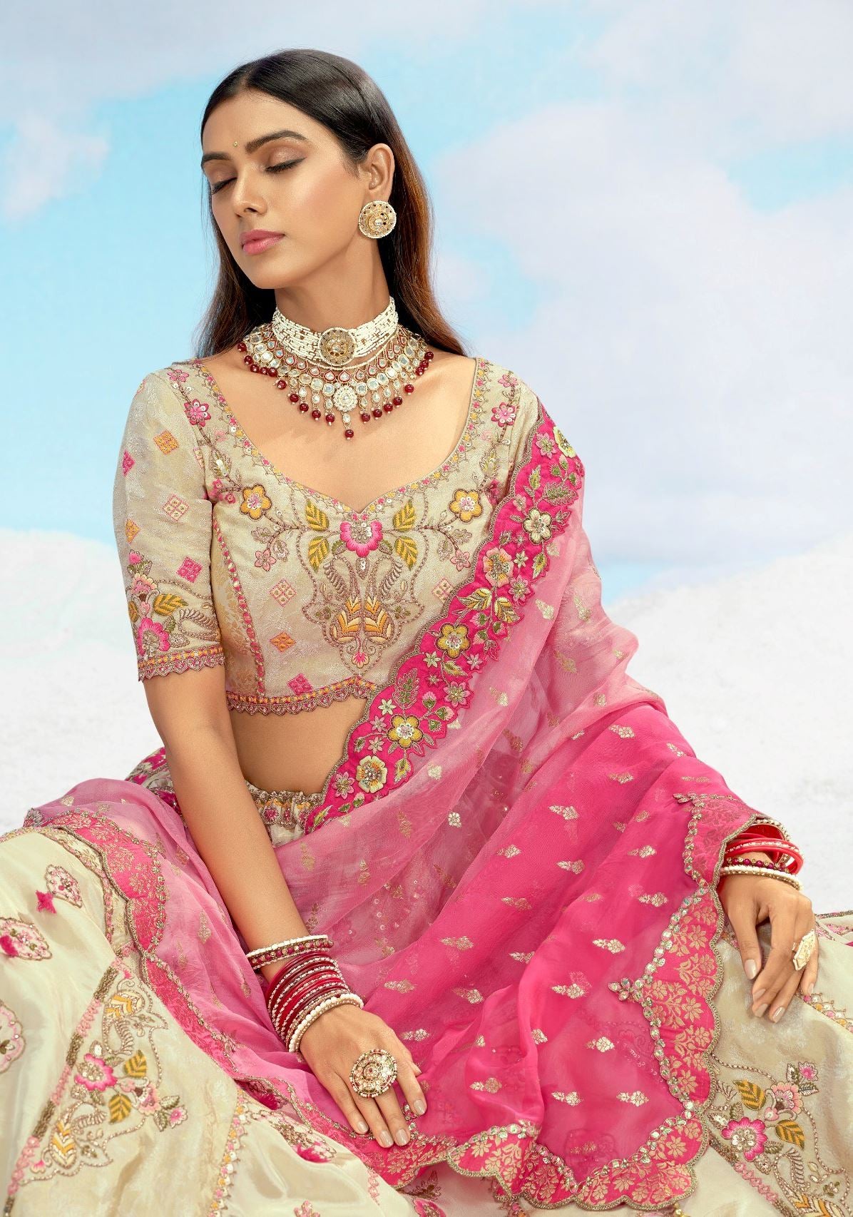 Beige Silk Lehenga Choli With Heavy Thread Embroidery, Zari With Sequins Work
