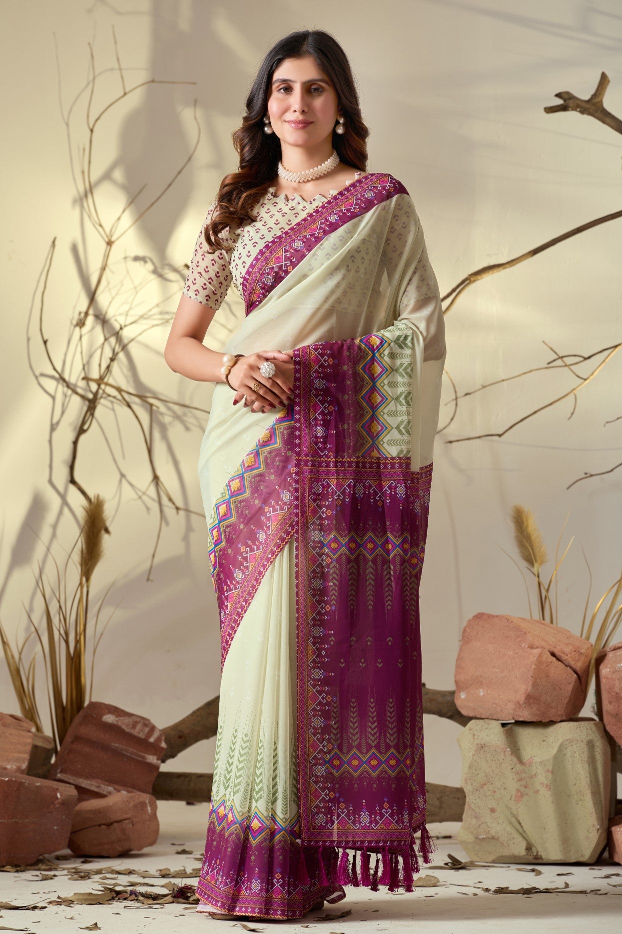 Beige Soft Georgette Saree With Digital Printed Elegant Classic Saree