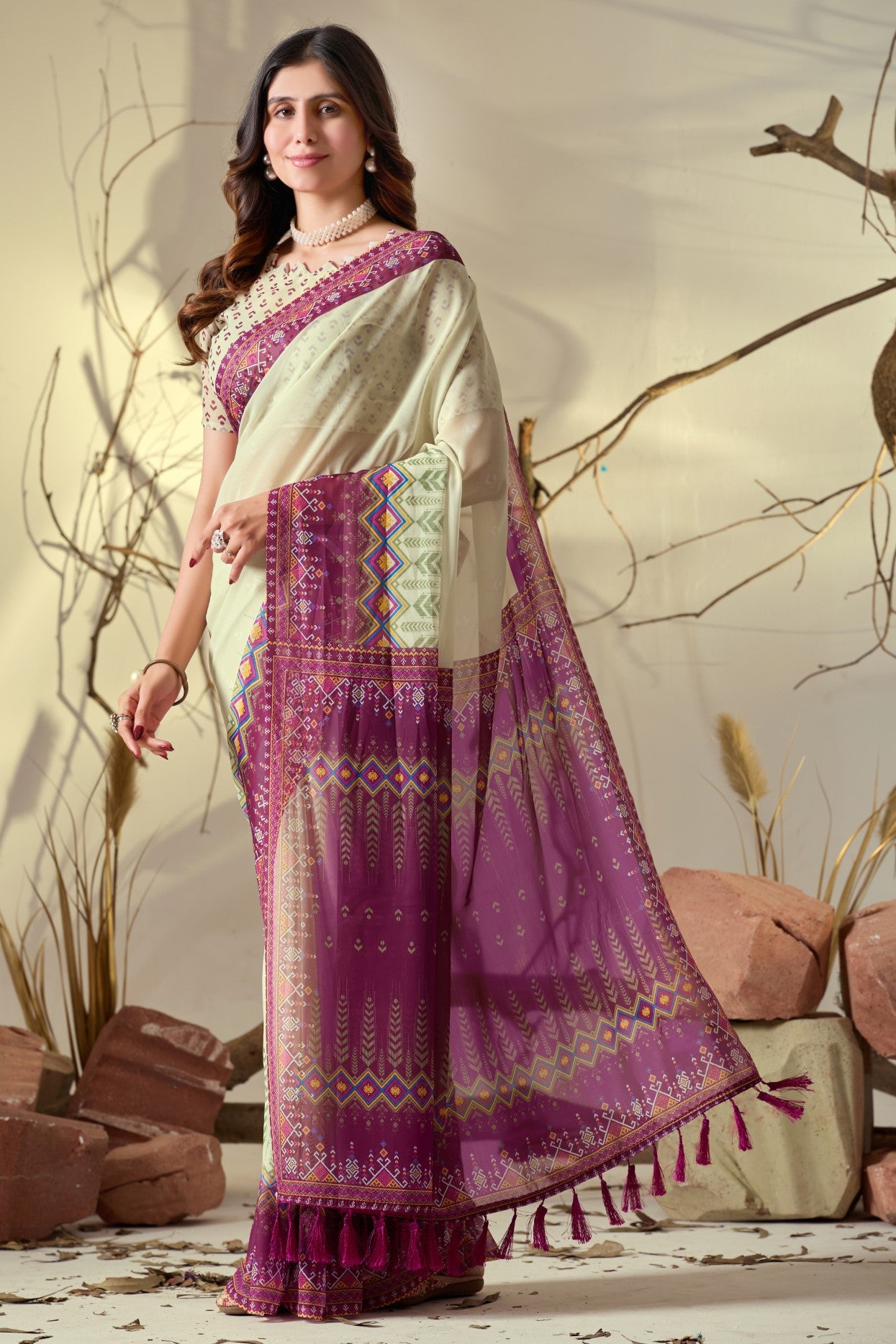 Beige Soft Georgette Saree With Digital Printed Elegant Classic Saree