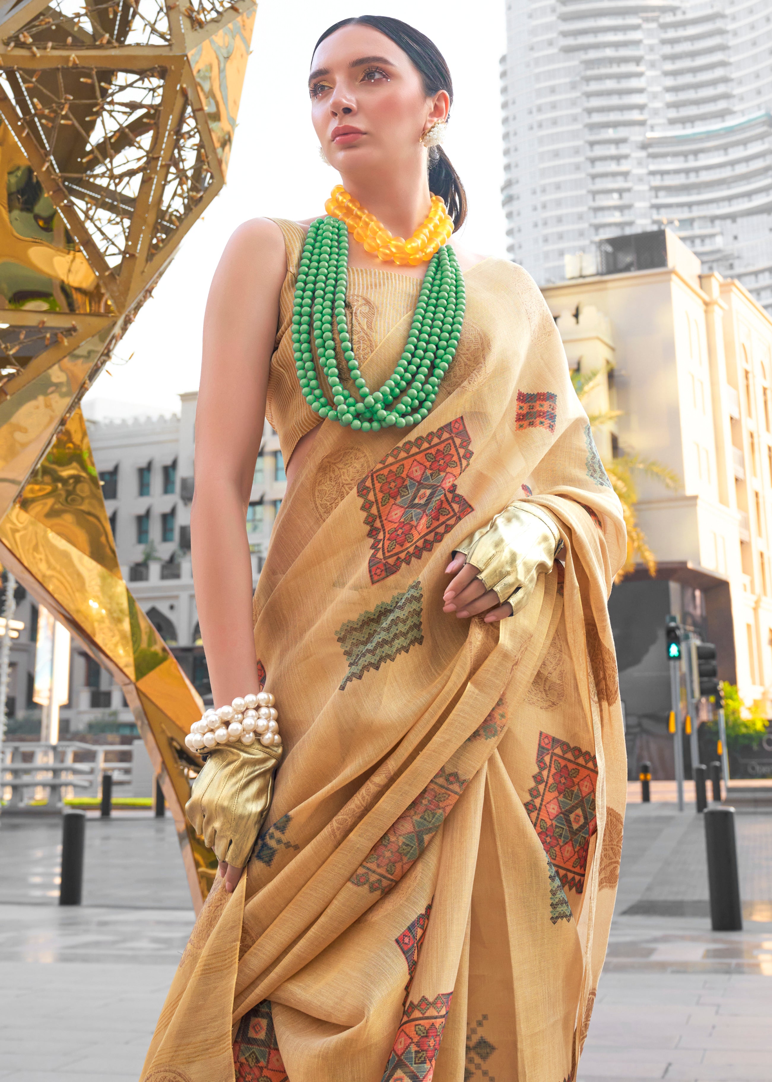 Beige Tissue Saree With Digital Print