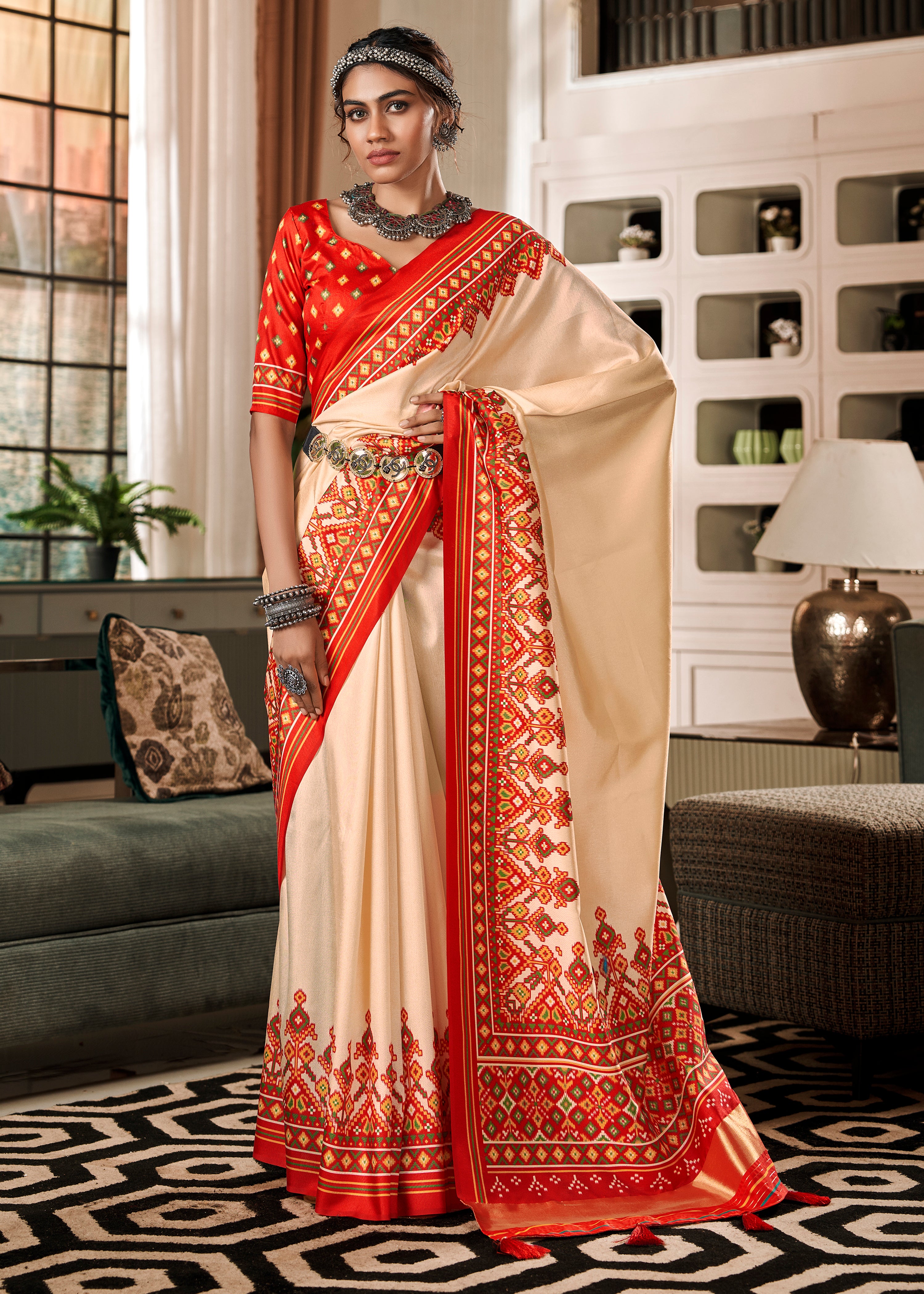 Beige Tussar Silk Saree With Patola Digital Print with Lagadi Patta Pallu