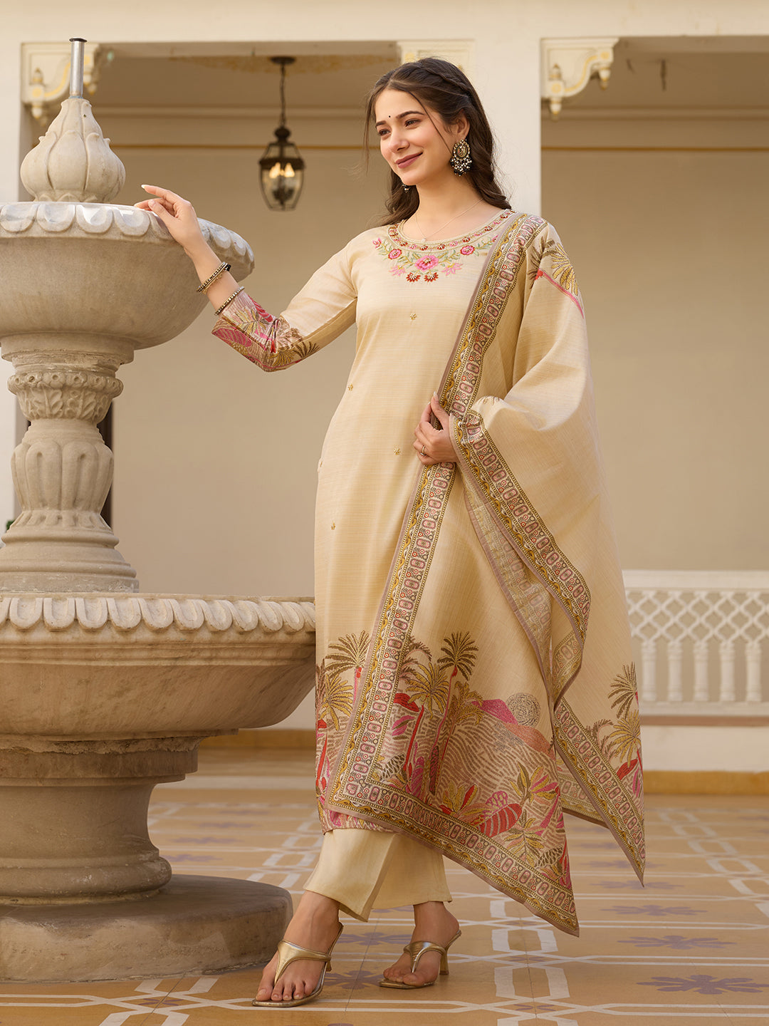 Beige Viscose Silk Kurta Pant Set With Thread Embroidered With Print & Beads Work