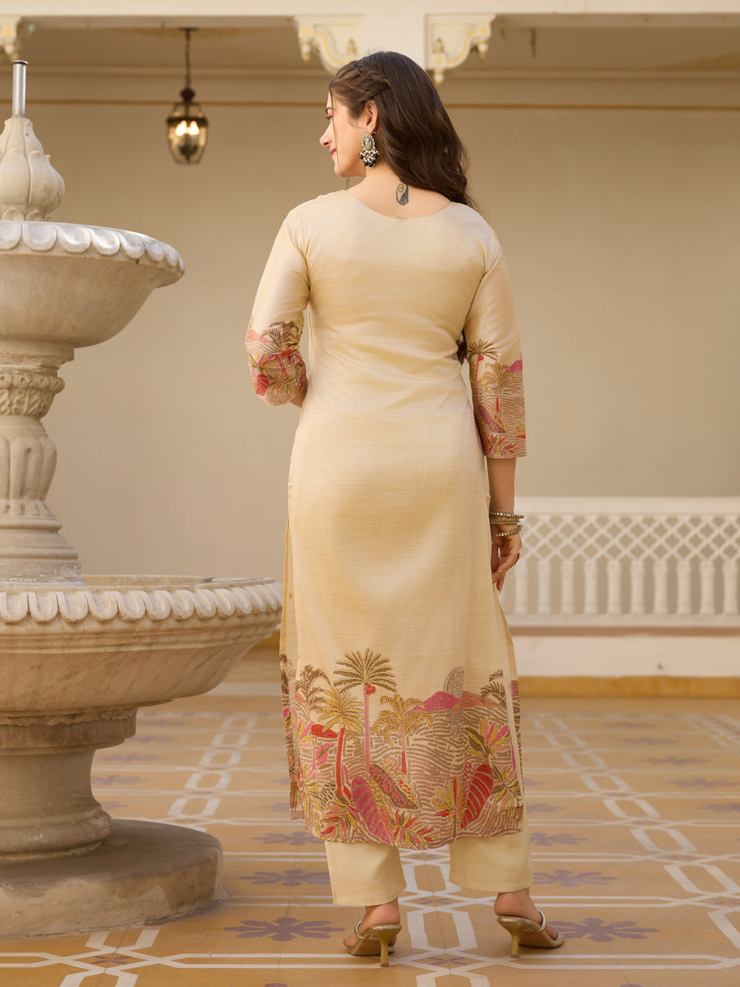 Beige Viscose Silk Kurta Pant Set With Thread Embroidered With Print & Beads Work