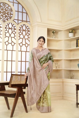 Beige Woven Jacquard Designer With Printed Rich Silk Stylish Ceremonial Saree